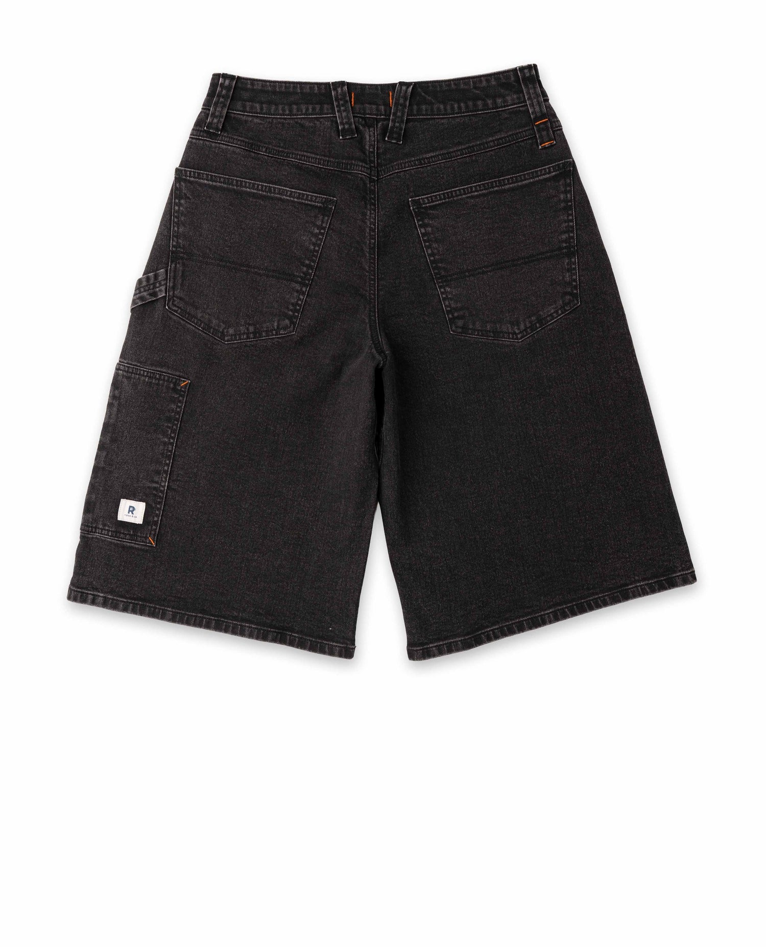 Black denim shorts on a white background