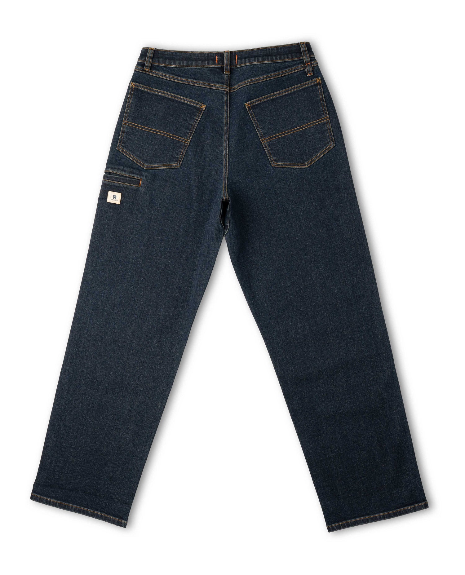 Pair of dark blue jeans on a white background