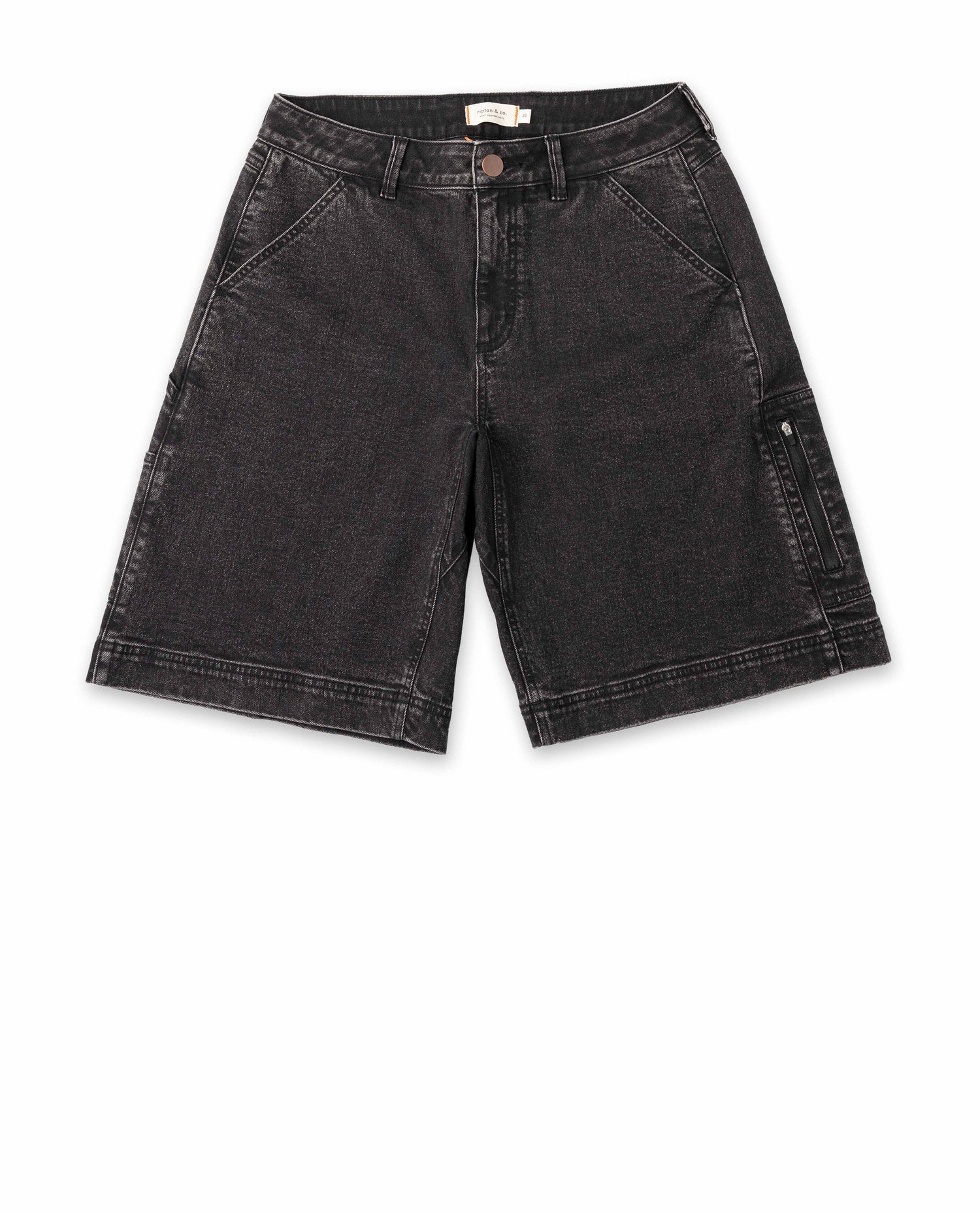 Black denim shorts on a white background