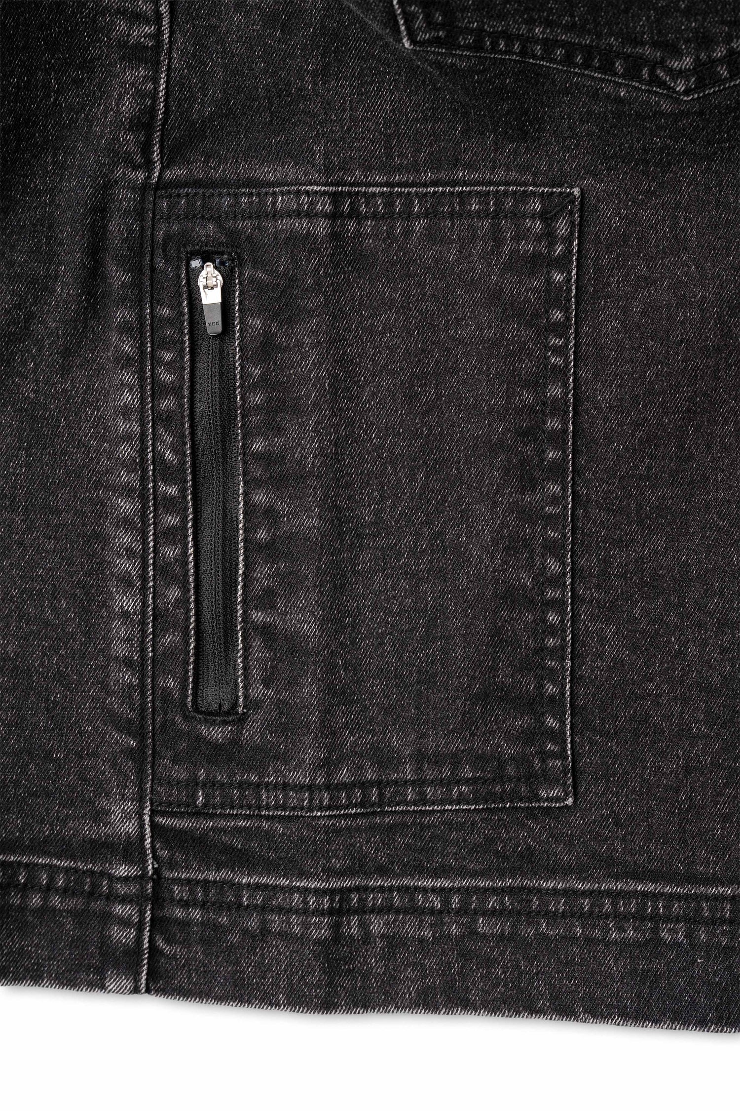 Close-up of a black denim pocket with a zipper on a white background