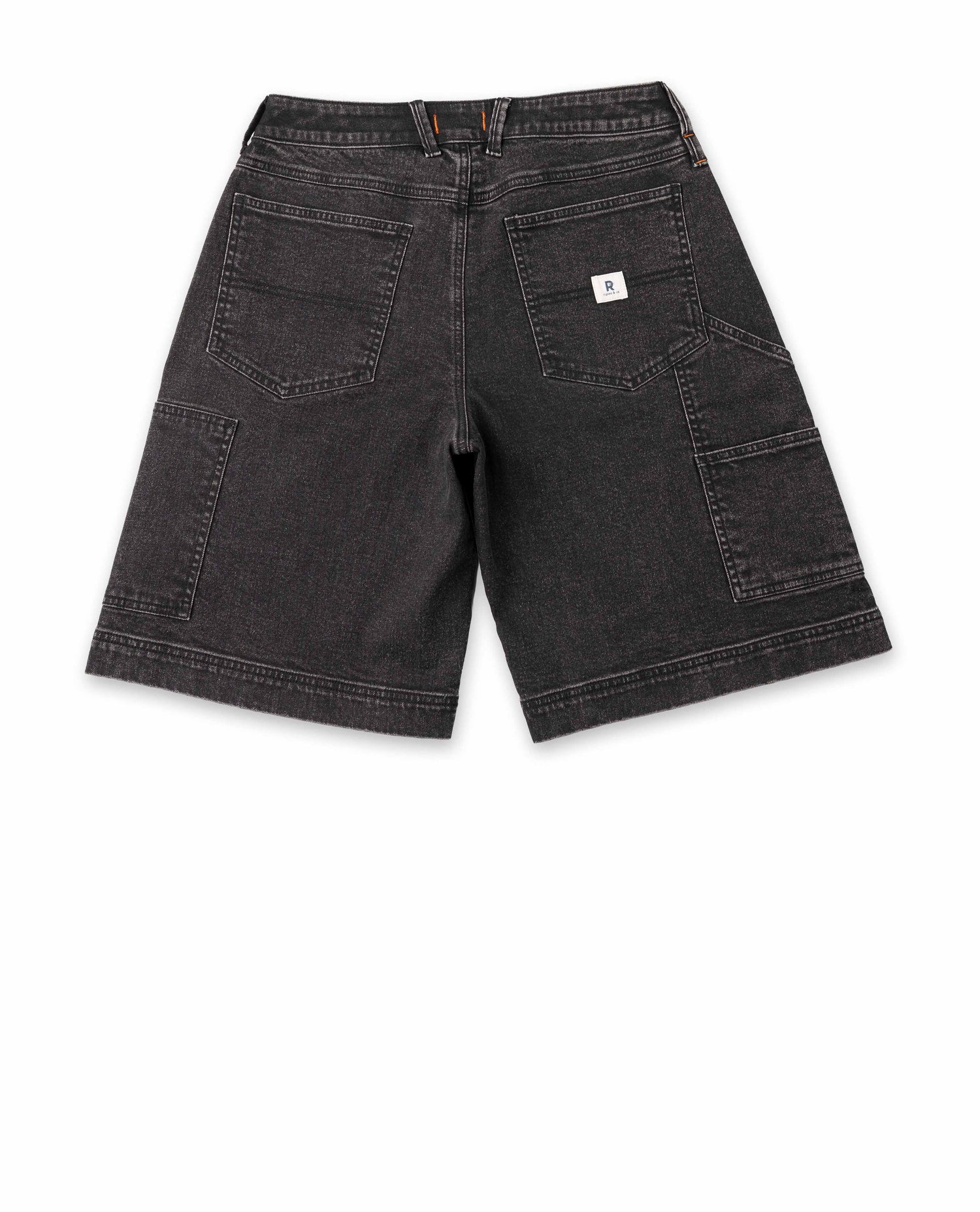 Black denim shorts on a white background