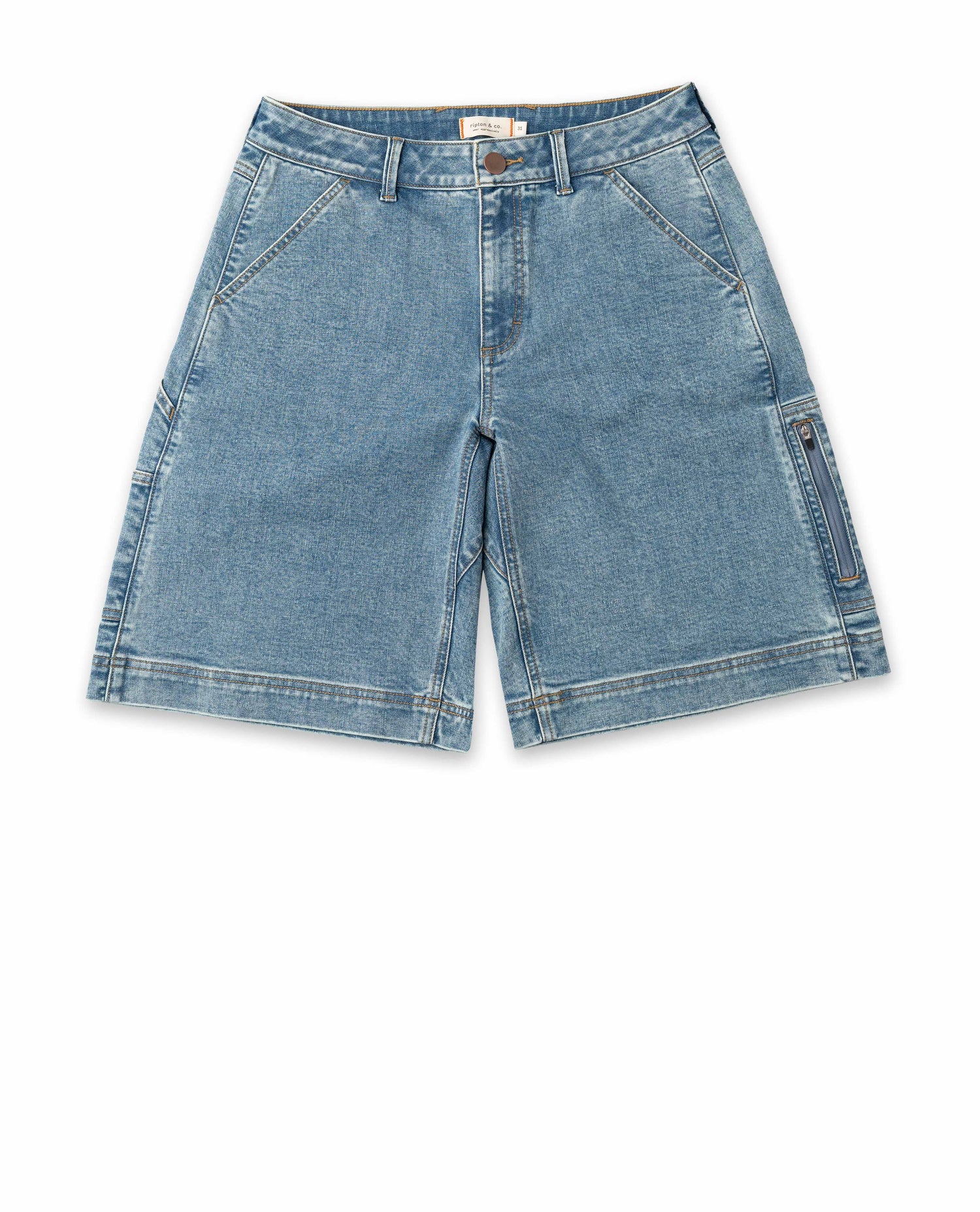 Blue denim shorts on a white background