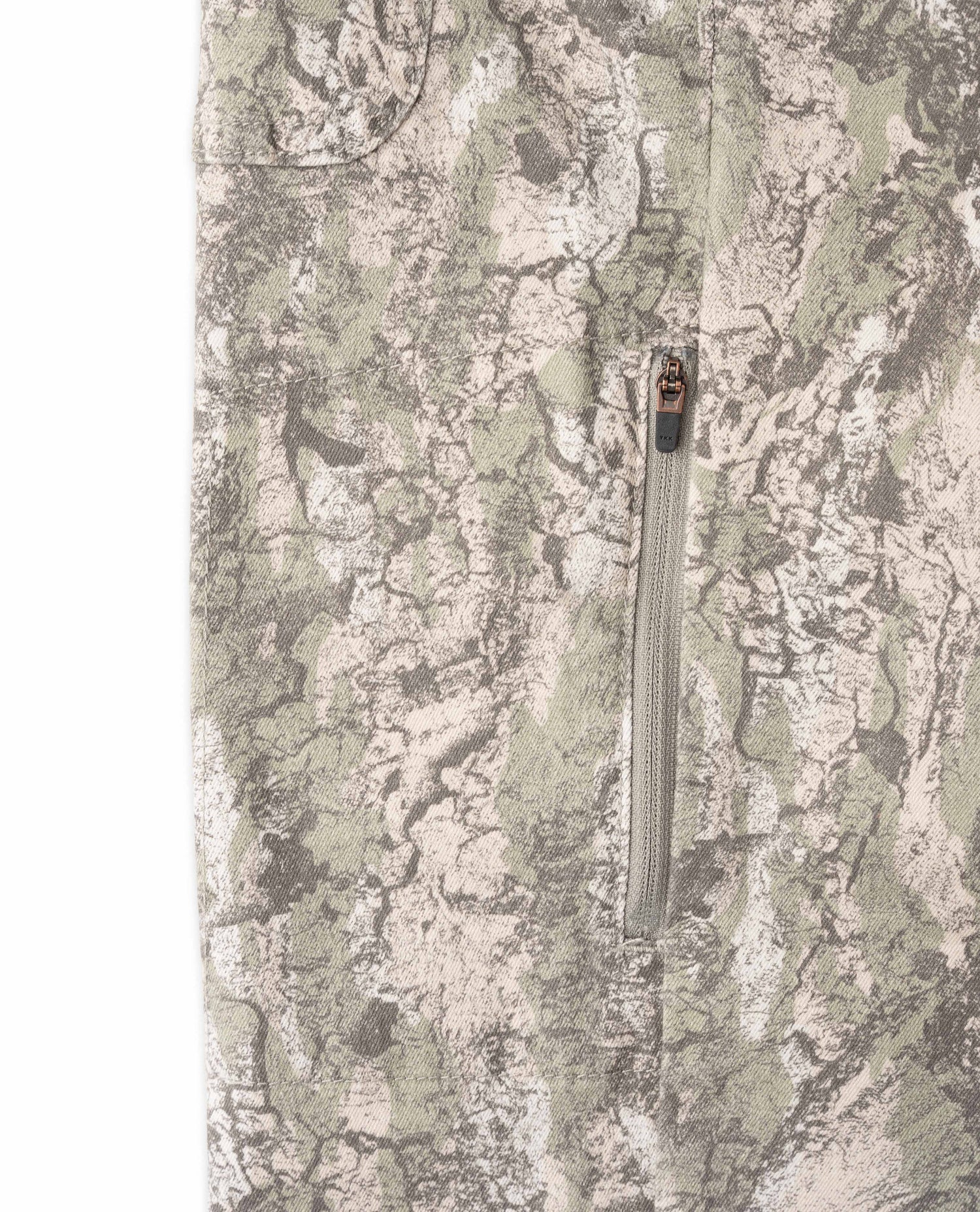 Side zipper on camo overalls