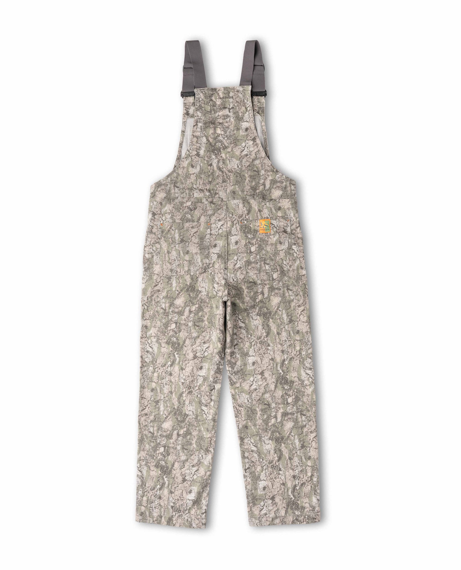 Camouflage overalls with a brand logo on a white background