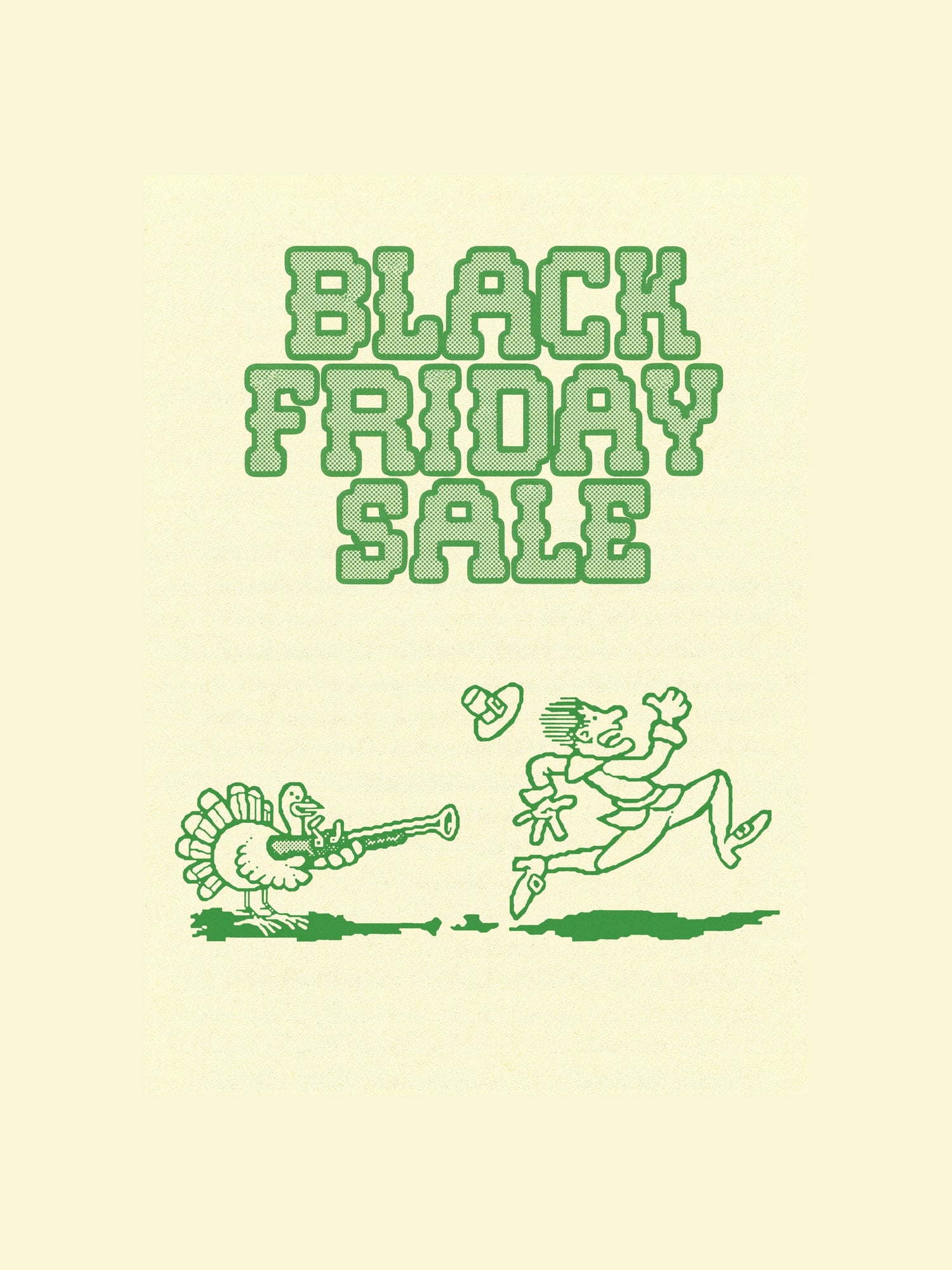 Vintage-style 'Black Friday Sale' poster with cartoon characters on a beige background