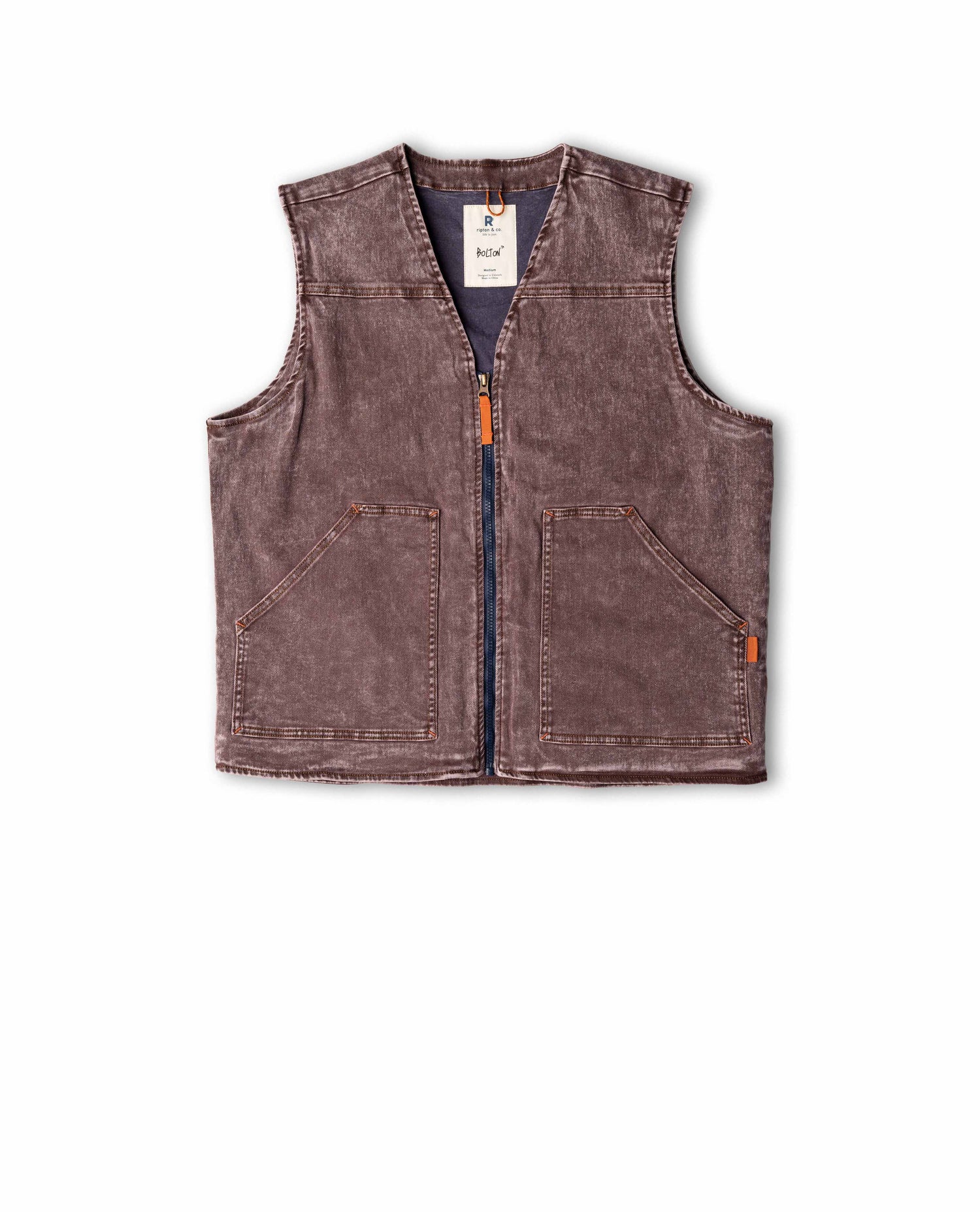Brown vest with orange zippers on a white background