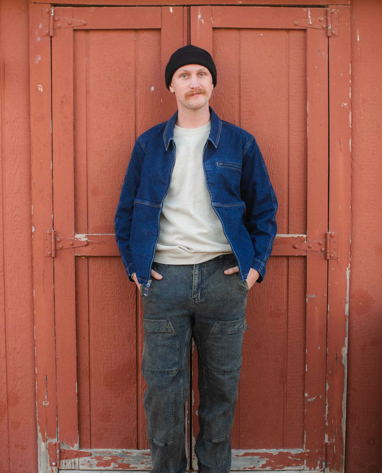 Man wearing Ripton Blue Collar Denim jacket.