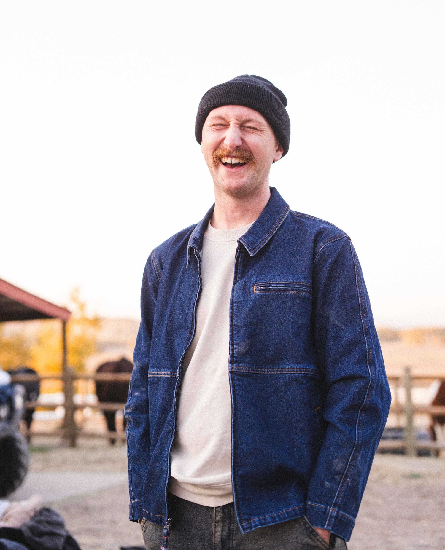 Man wearing Ripton Blue Collar Denim jacket.