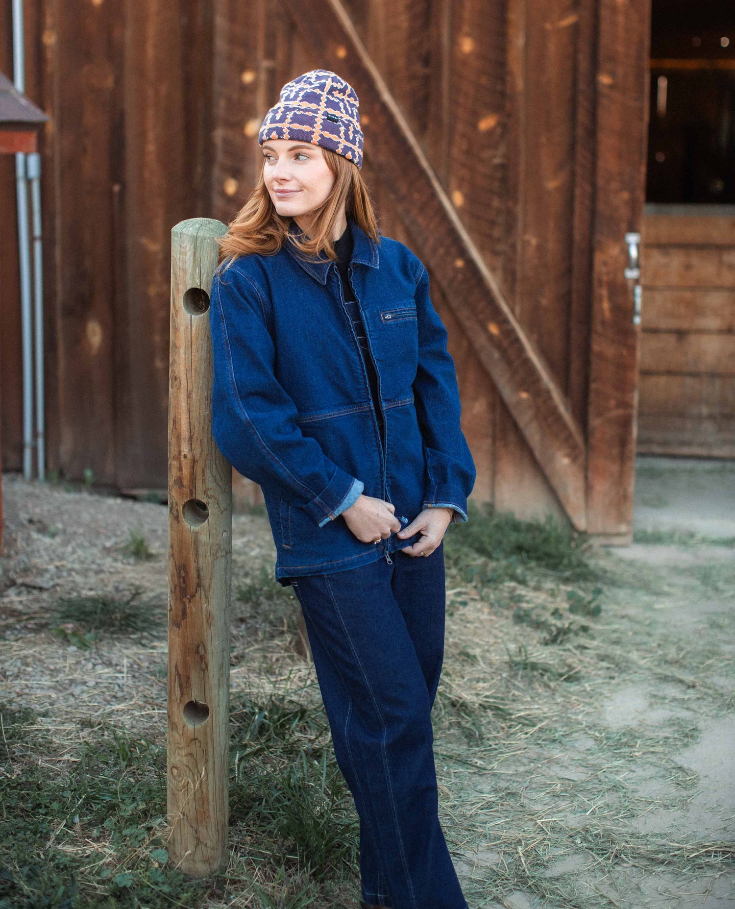 Woman wearing Ripton Blue Collar Denim jacket.