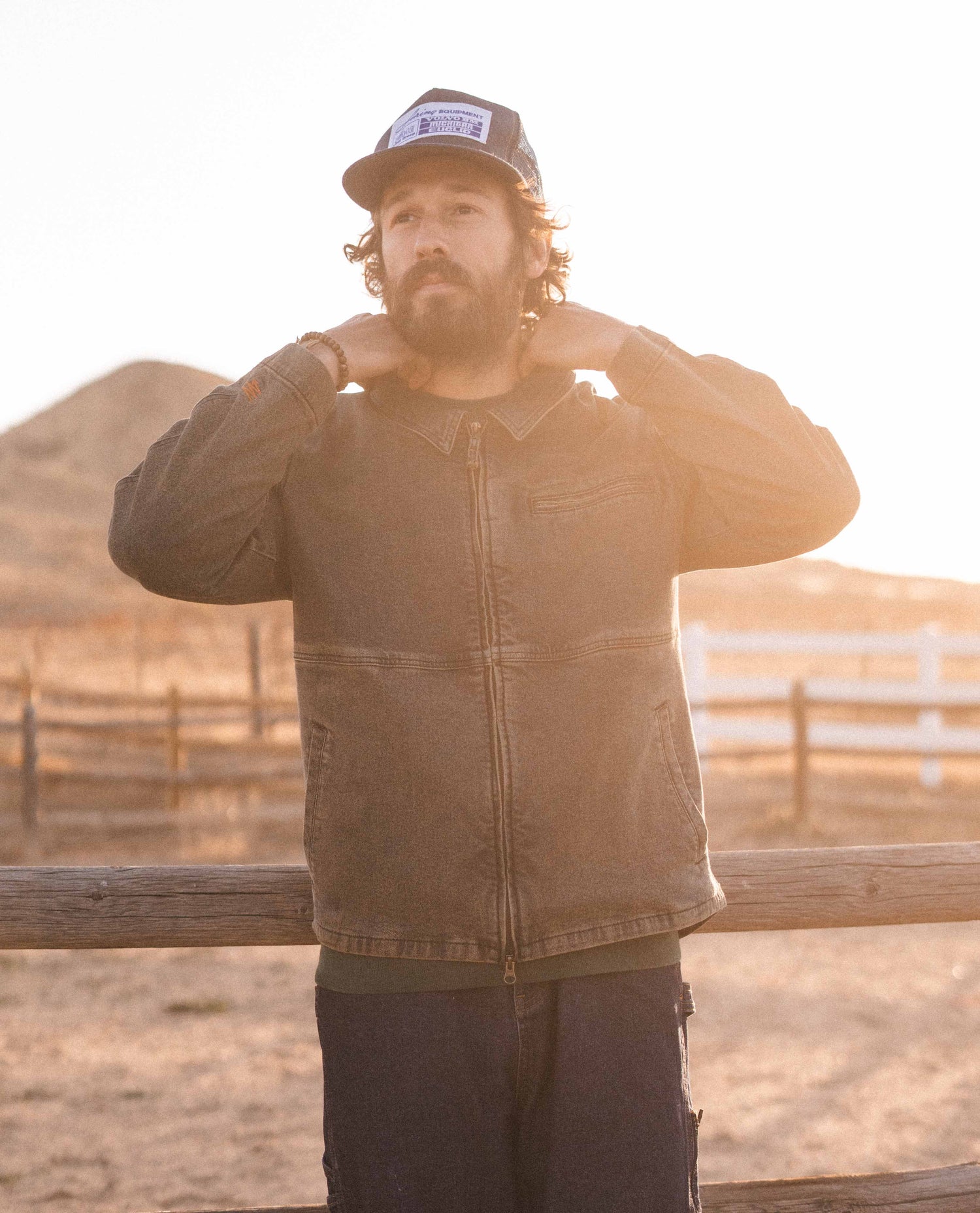 Man wearing dirty dave denim utility jacket.