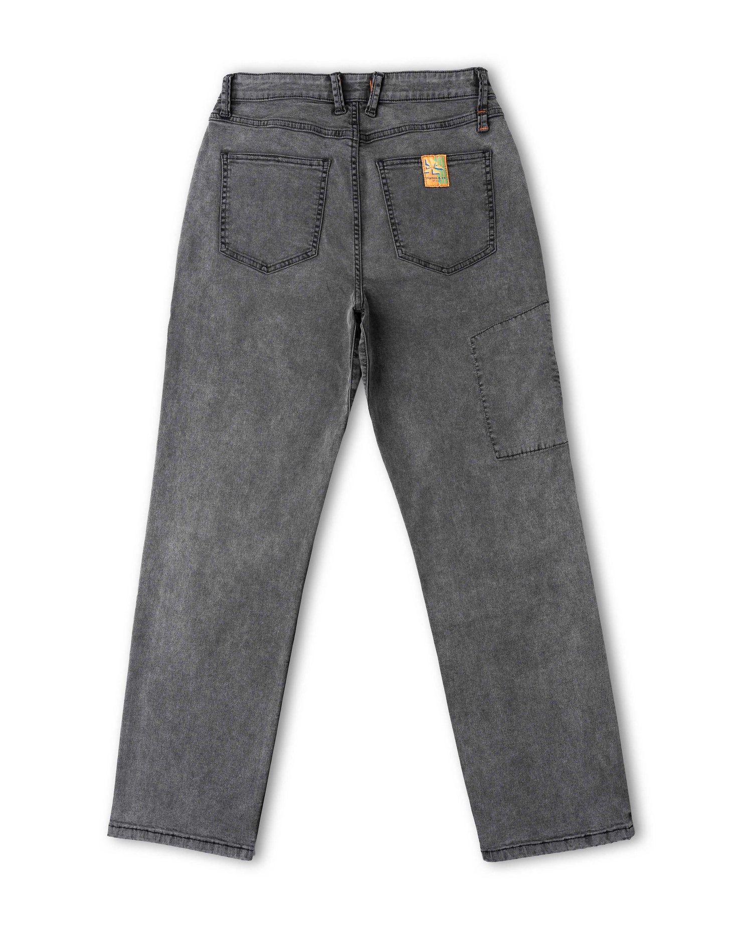 Gray jeans with a brand logo on a white background