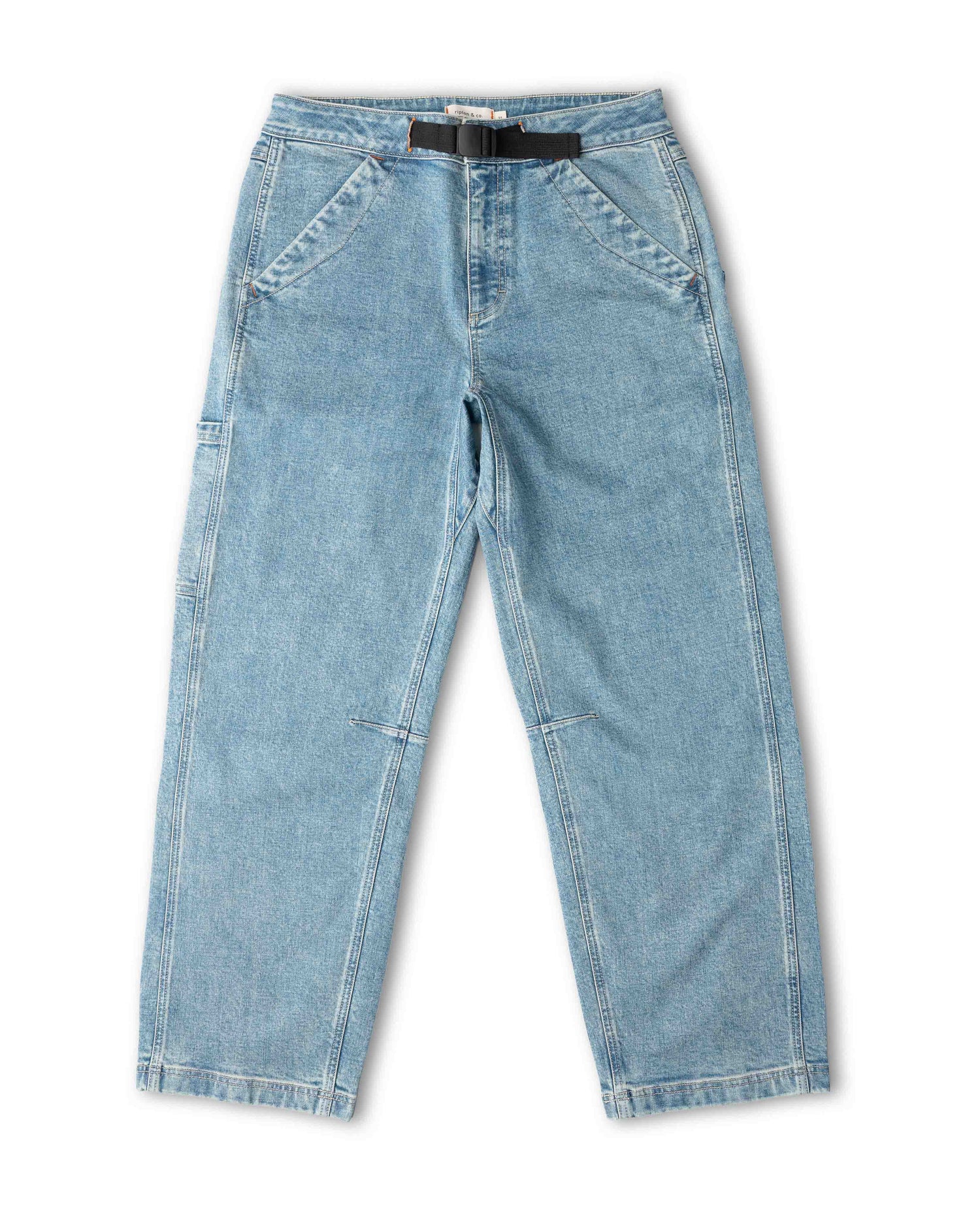 Light blue jeans with a black belt on a white background