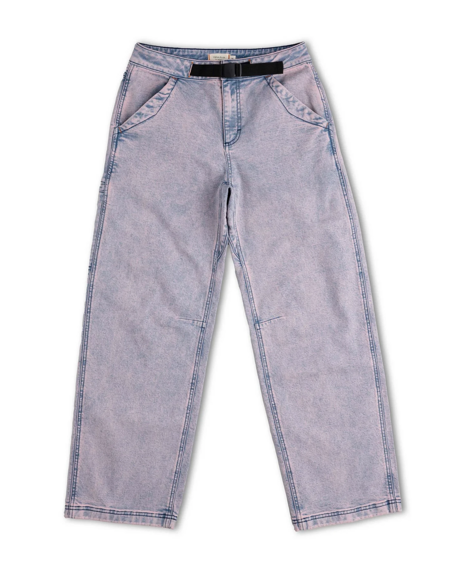 Light pink jeans with a black belt on a white background