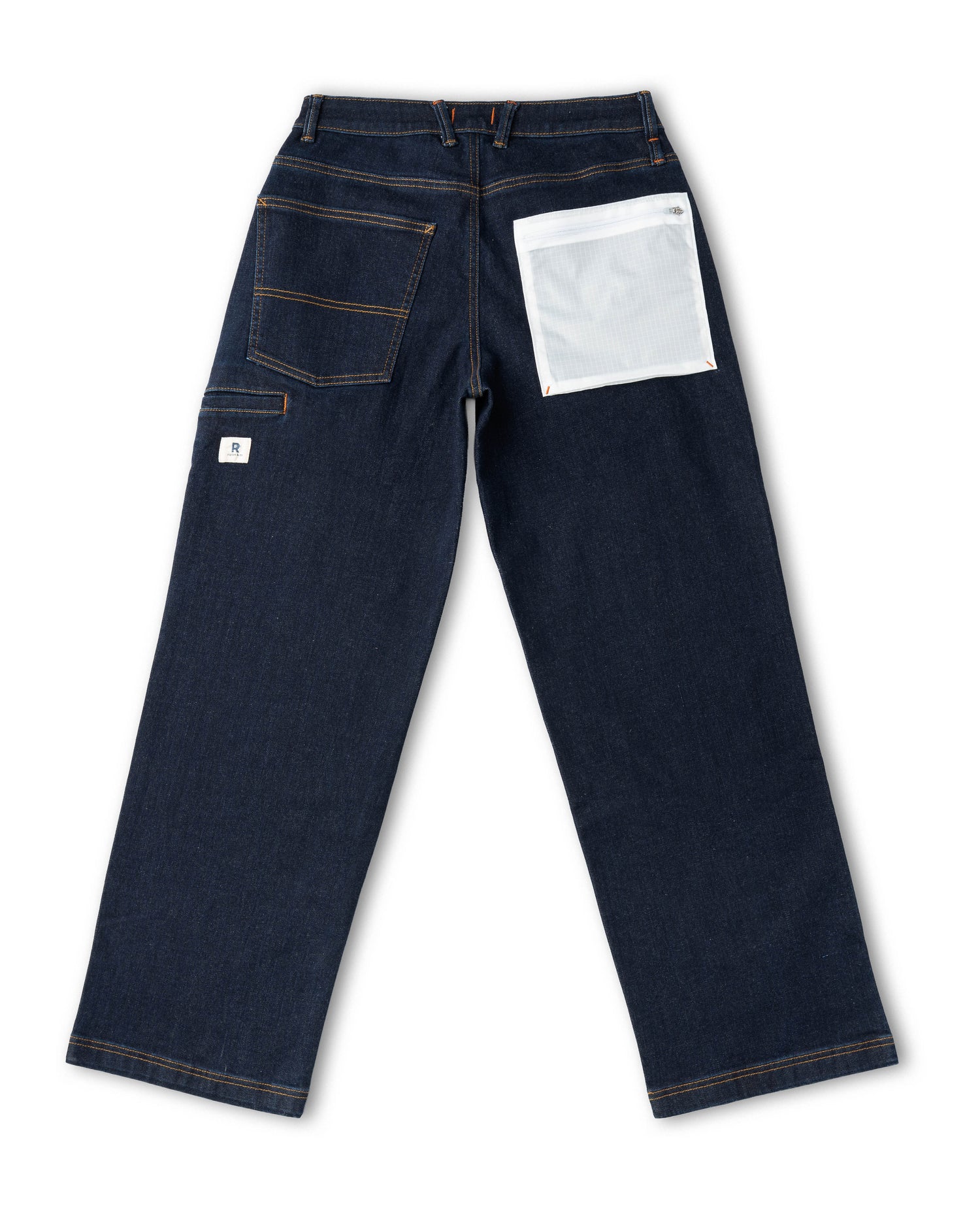 Dark blue jeans with a white pocket on a white background
