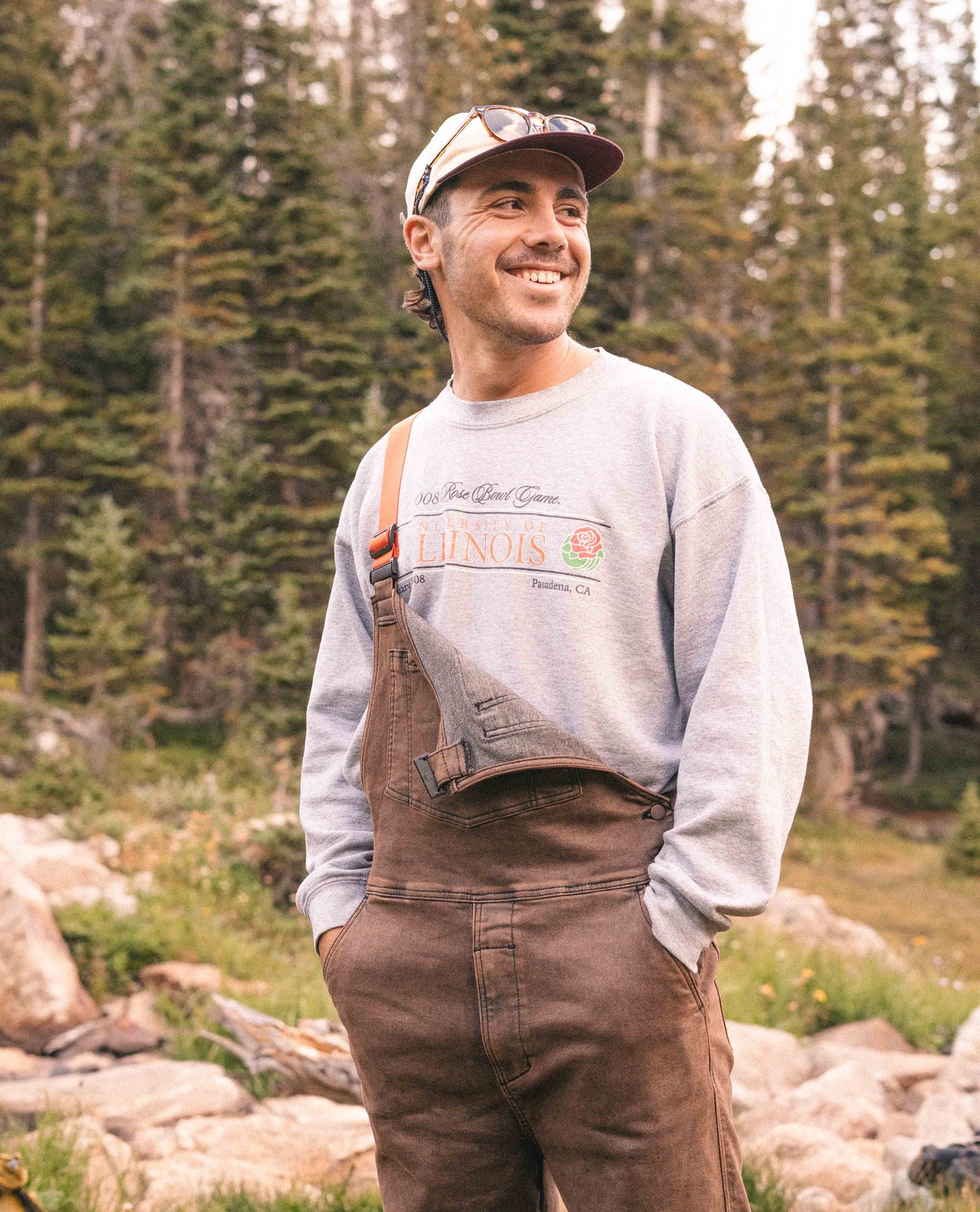 Guy wearing rust overalls