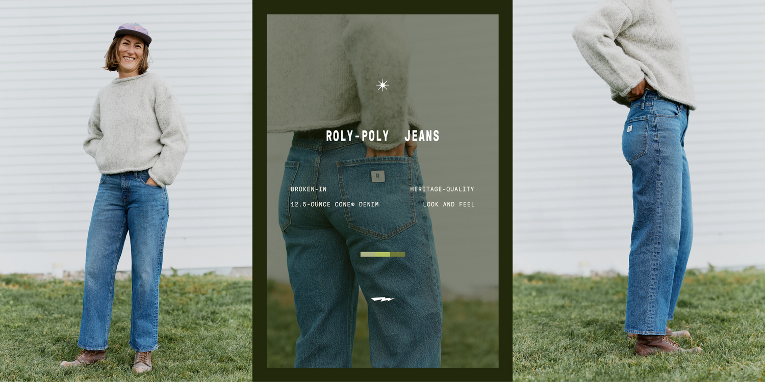 Three-panel lifestyle image featuring a model wearing Ripton Roly-Poly Jeans, a light gray sweater, and brown boots. Front, back, and side views highlight the relaxed straight-leg fit and vintage-inspired denim wash.