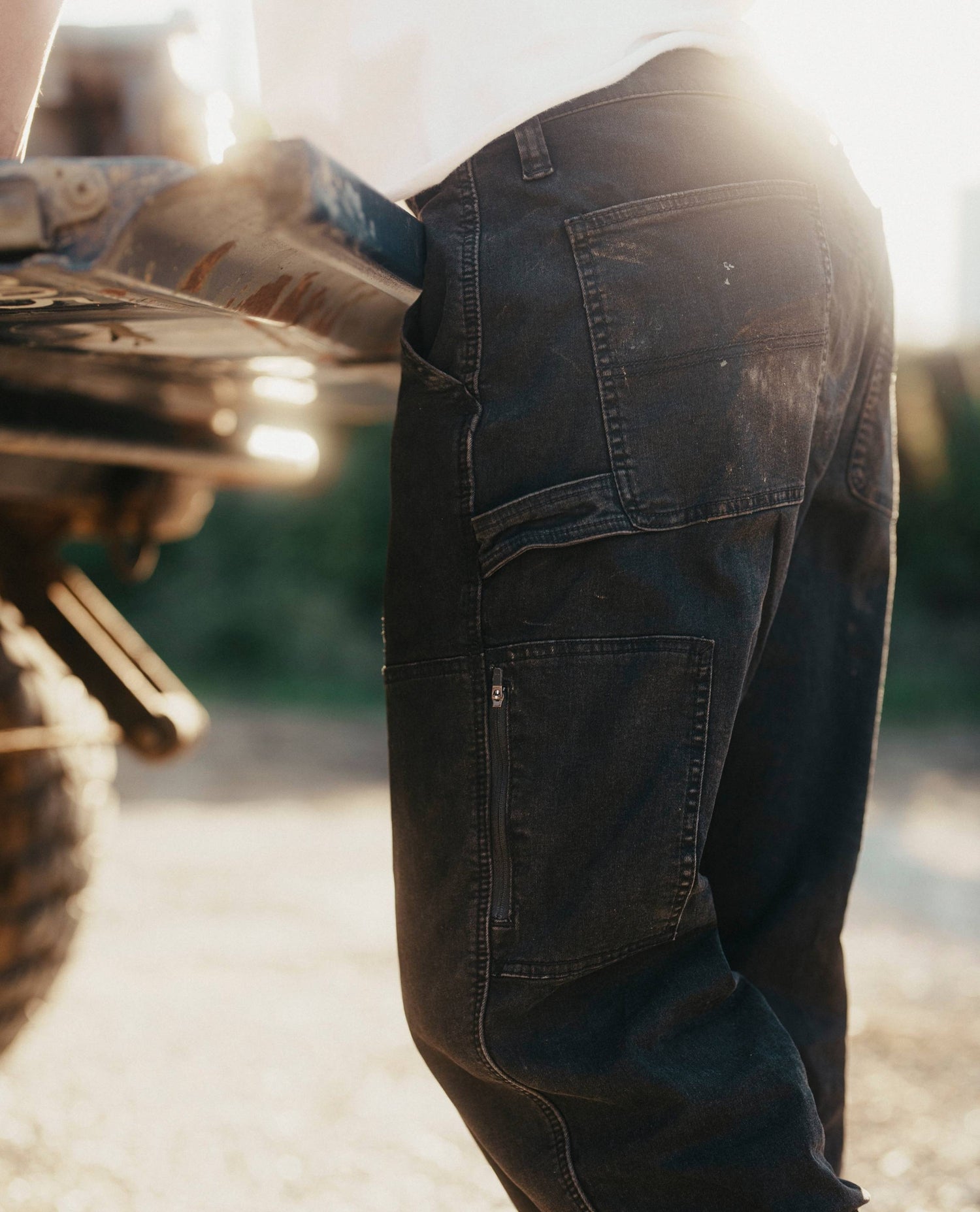 Black Superlite Utility Jeans on body detail