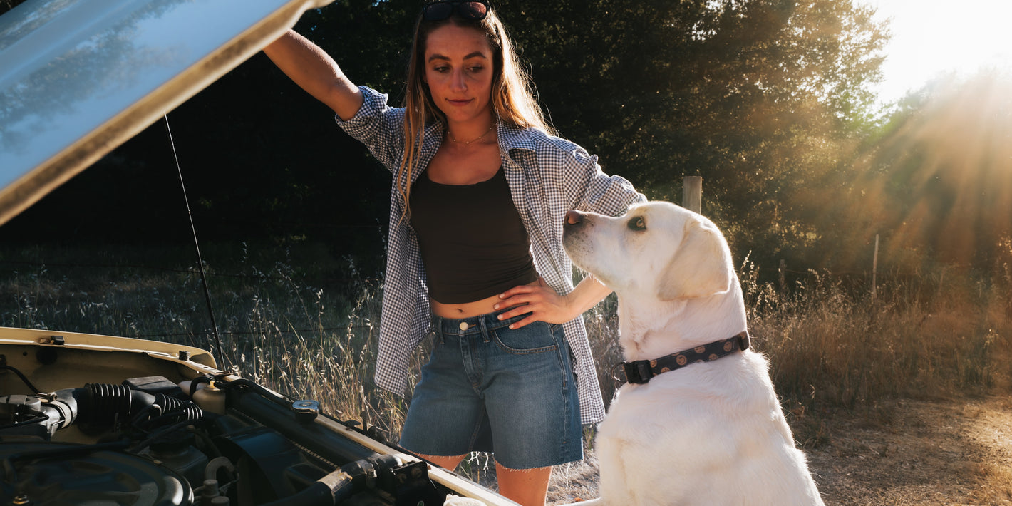Woman and dog standing next to an open car hood in a natural setting