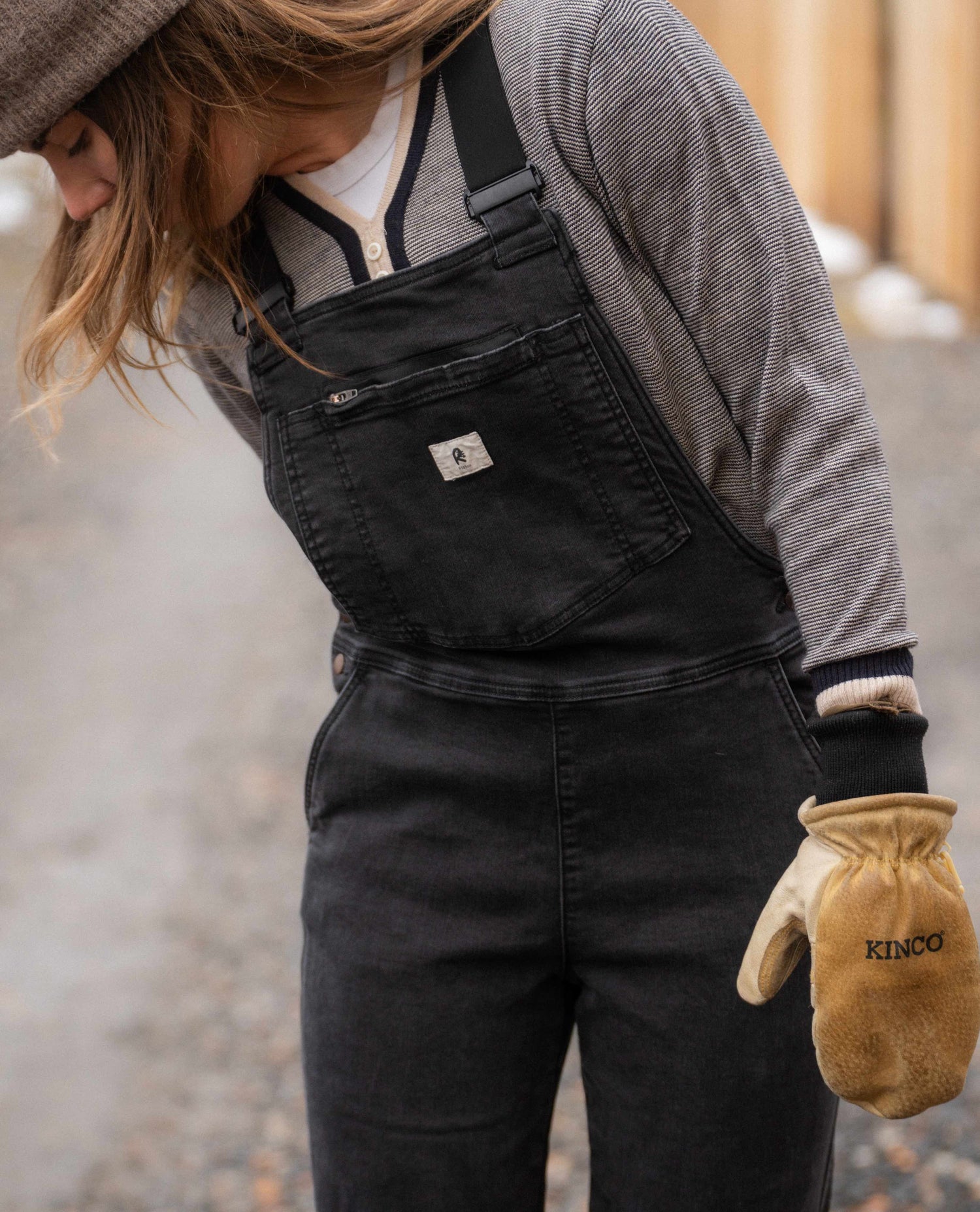 Overalls closeup on Sofia