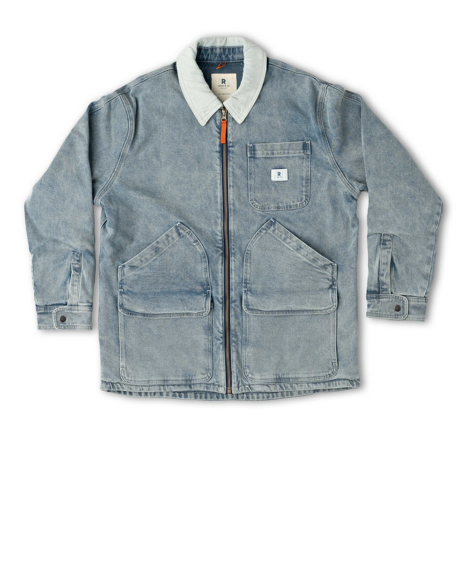 Blue denim jacket with white collar on a white background