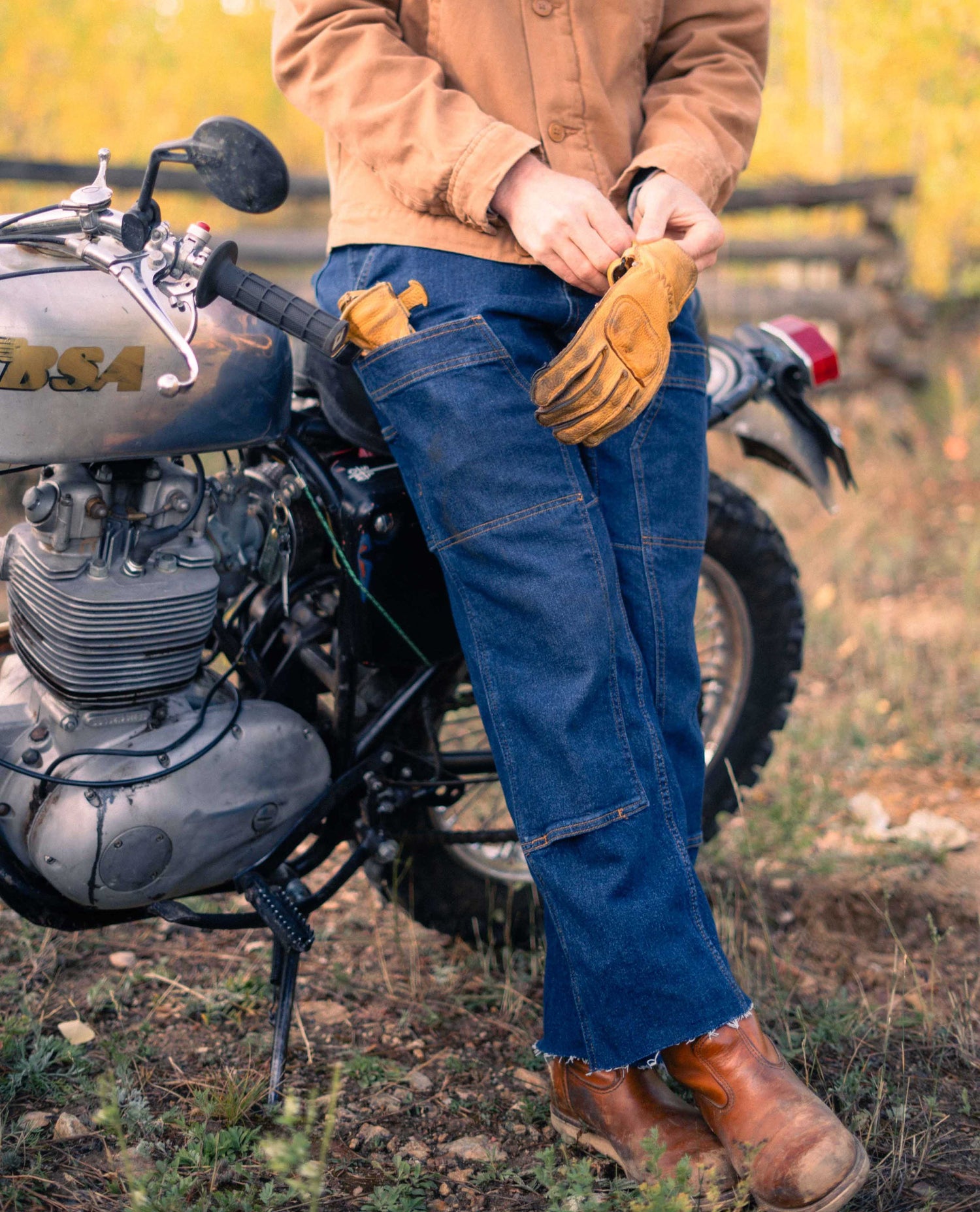 Close up of front of pants on moto guy