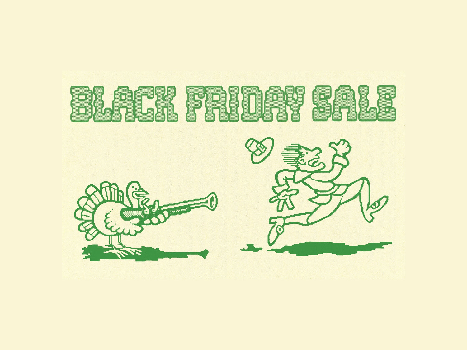 Green illustration of a turkey with a cannon and a person running away on a beige background with 'Black Friday Sale' text.