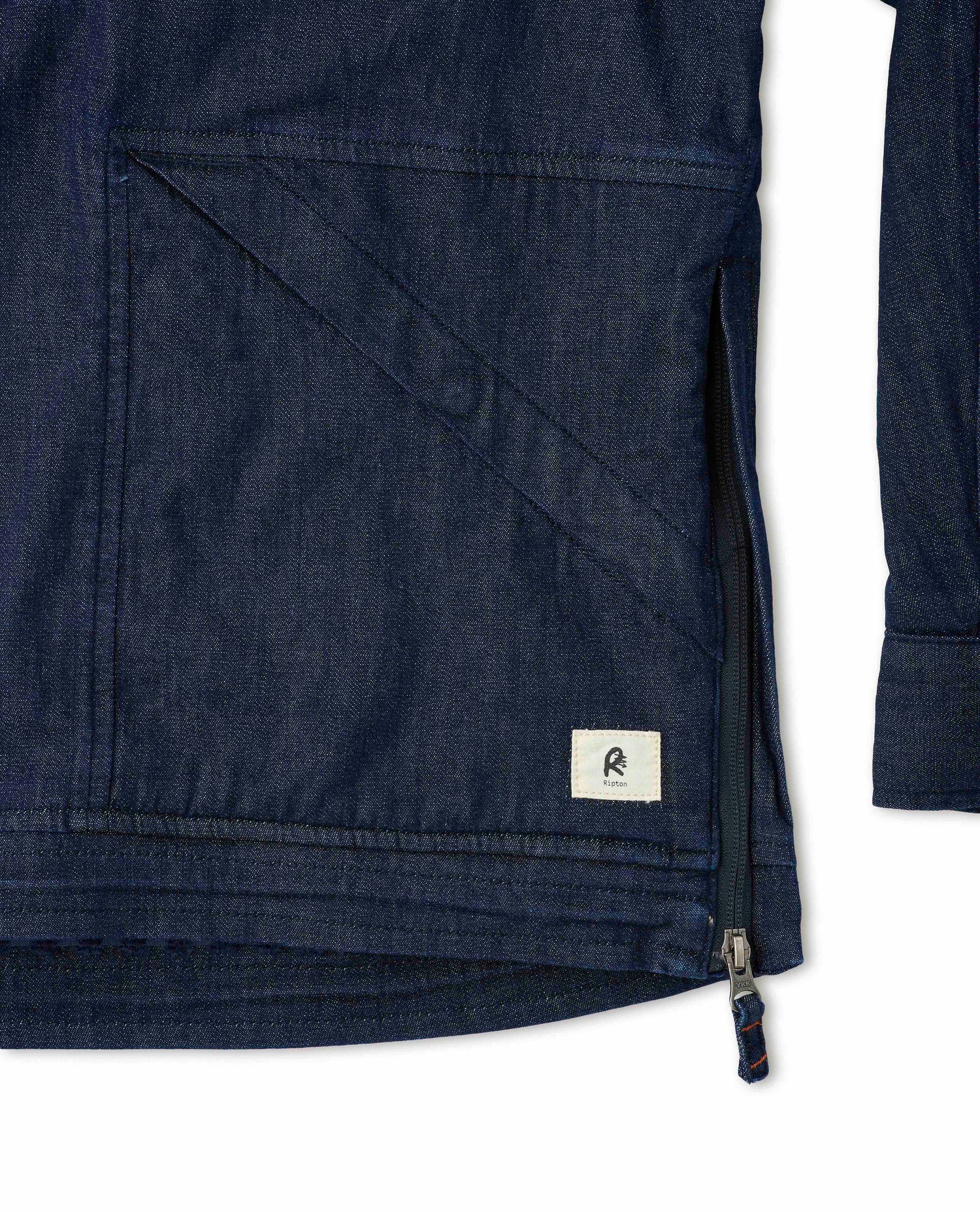 Denim anorak shot in studio label detail