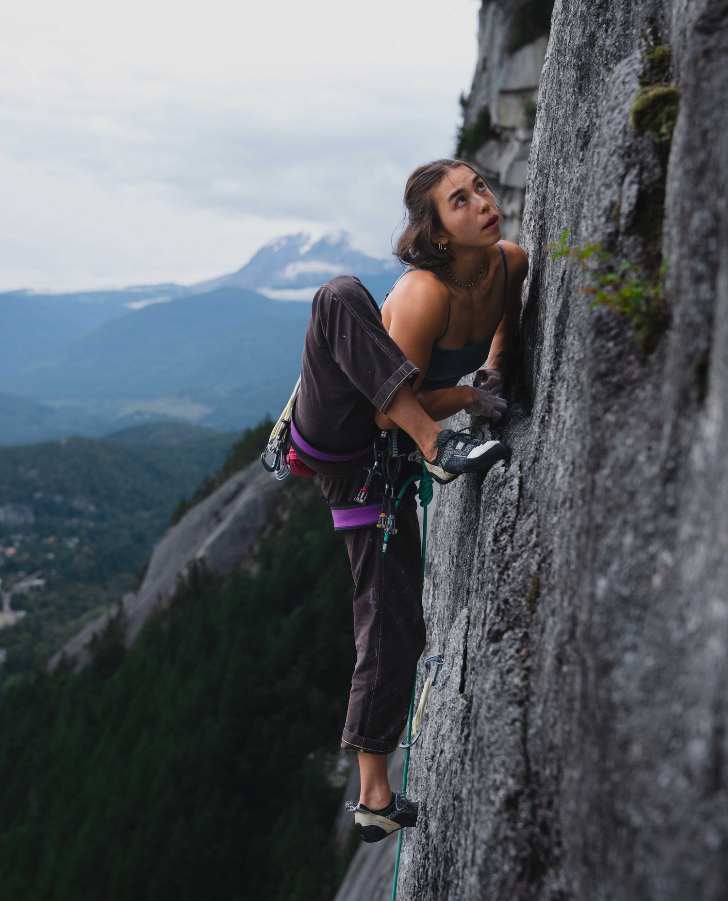 A woman climbing a rock wall wearing brown reggie pants