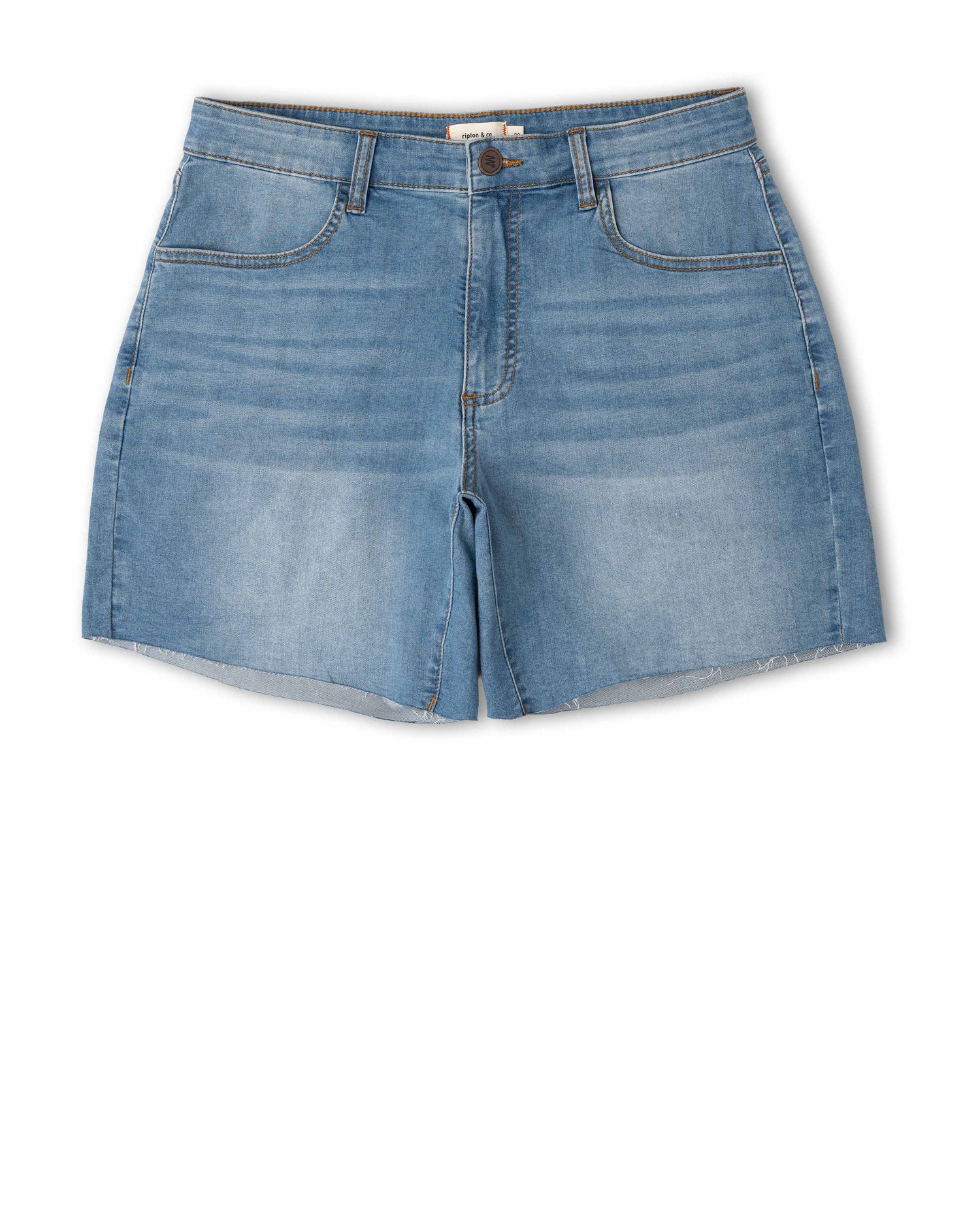 Blue denim shorts on a white background