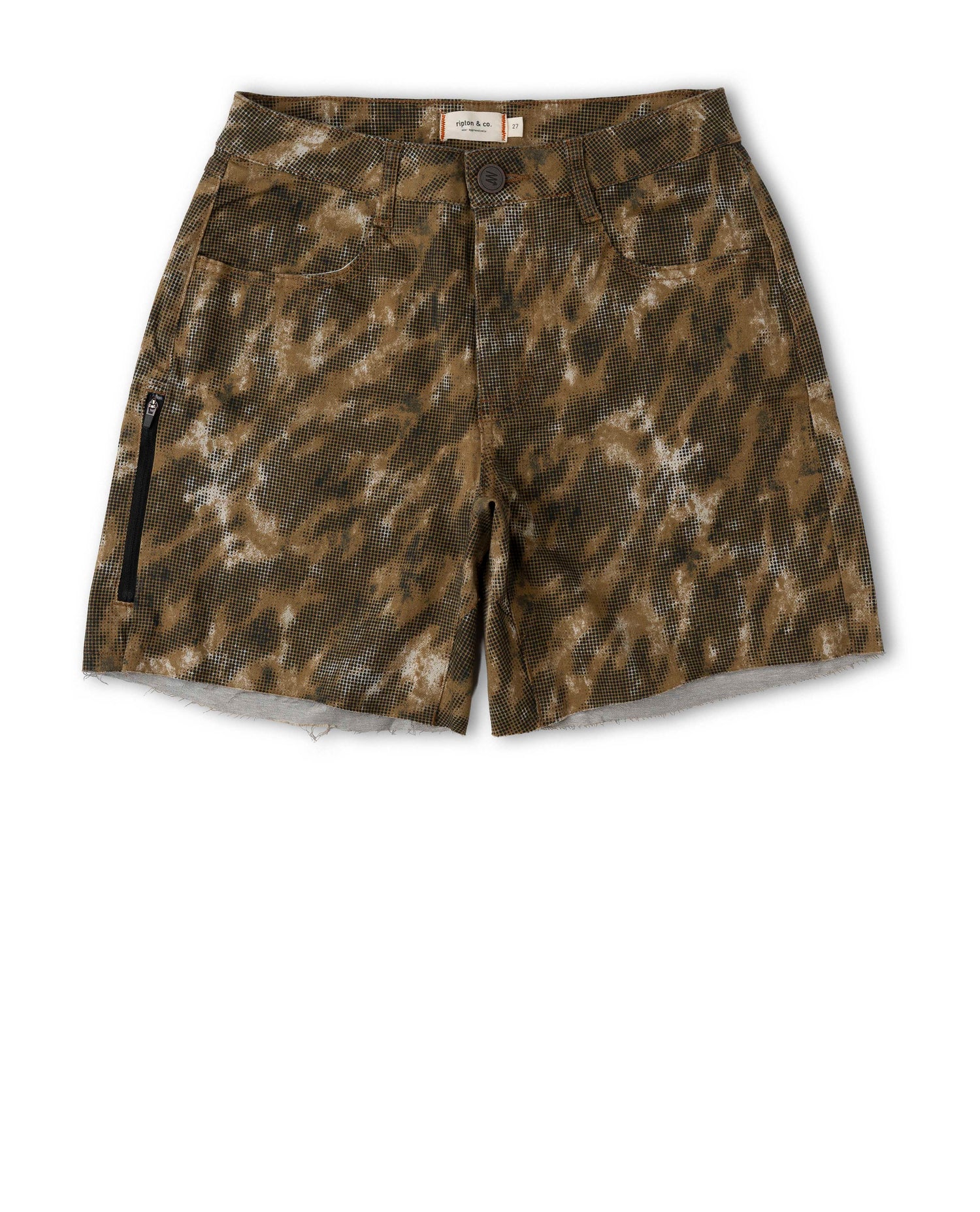 Camouflage shorts with a black zipper on a white background