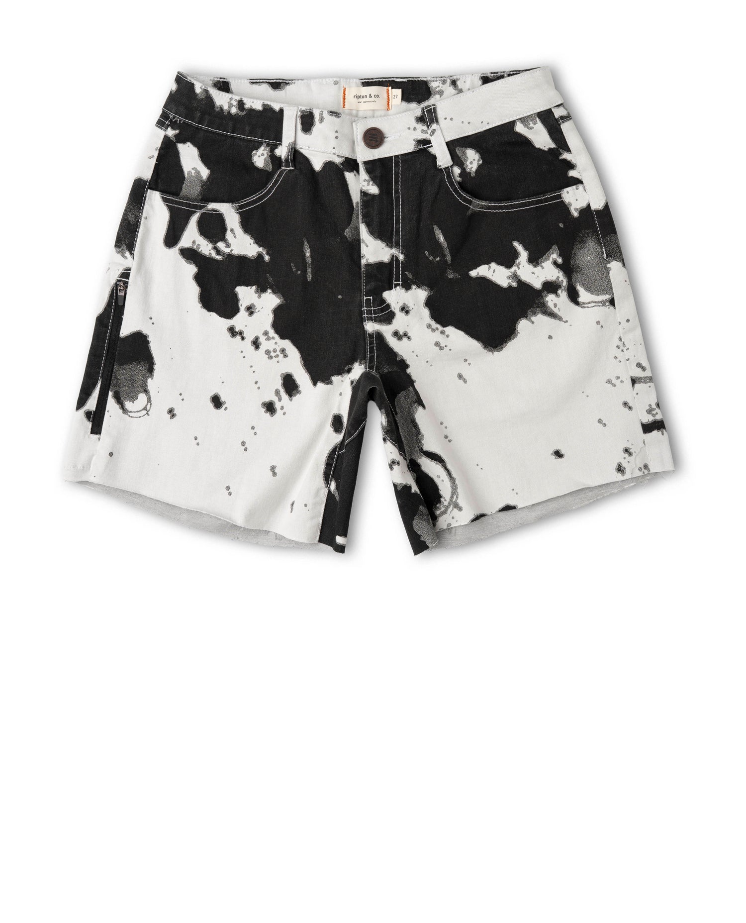 Black and white patterned shorts on a white background