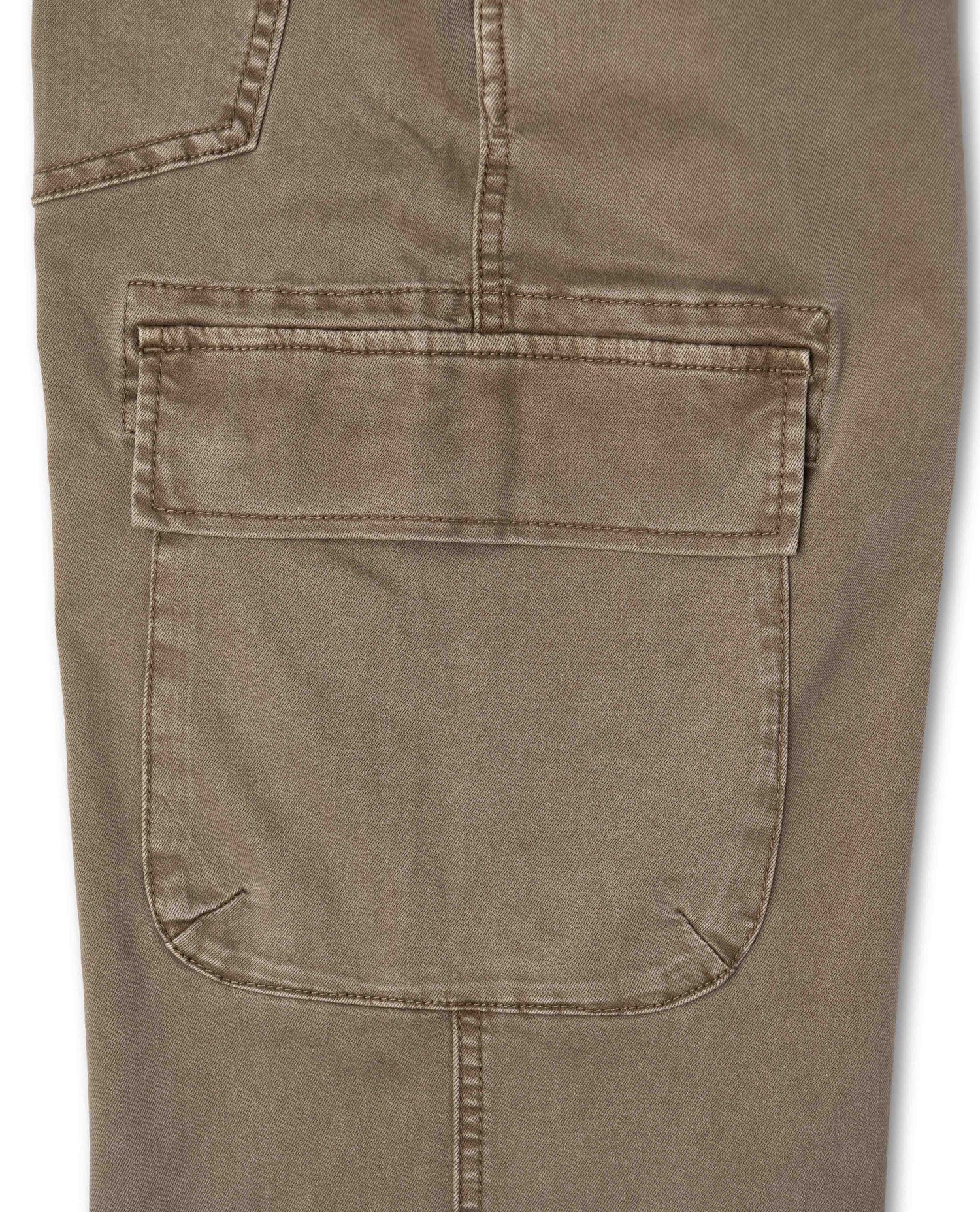 Close up of pocket on brown pant with white background