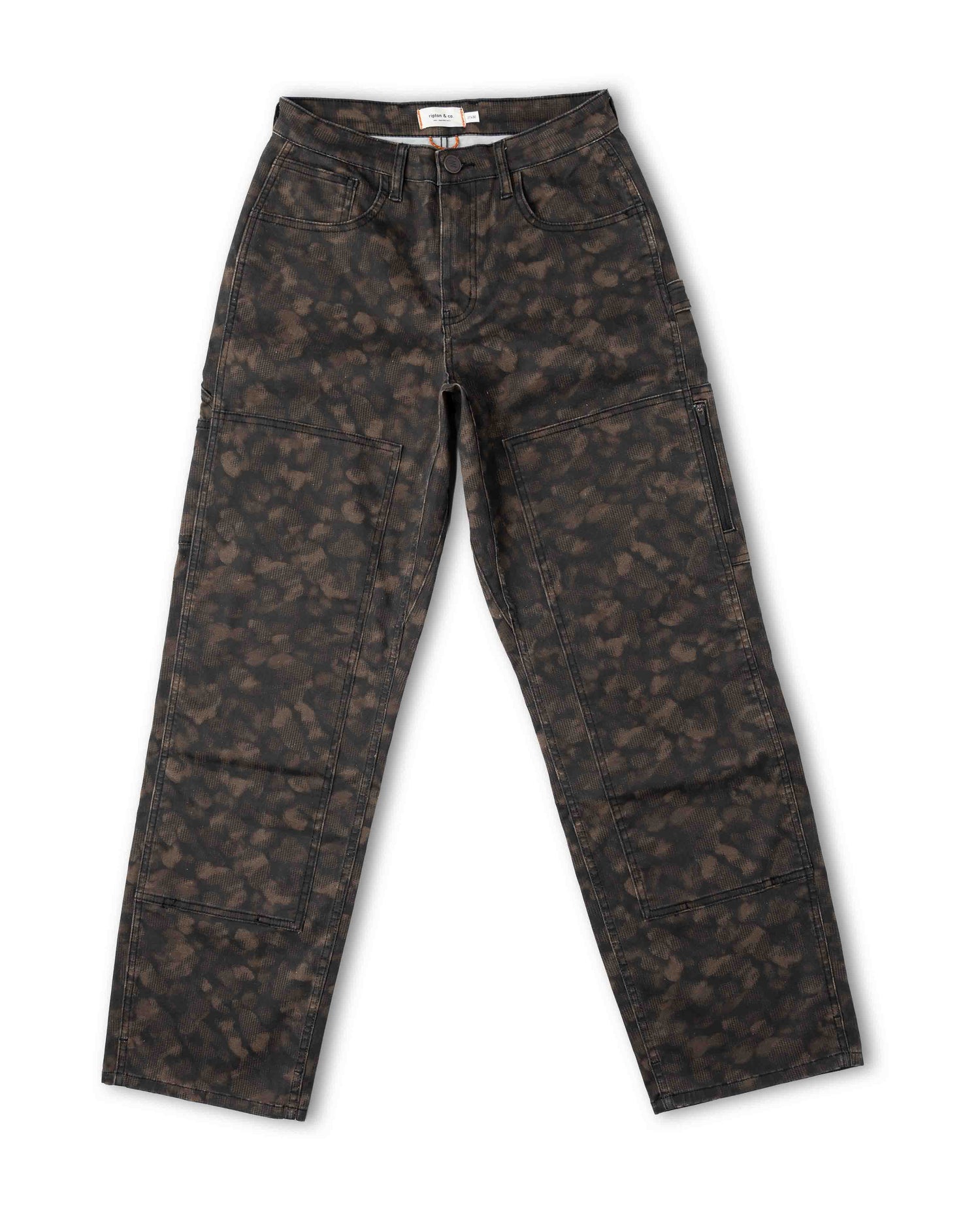 Front of a brown camouflage pant on a white background
