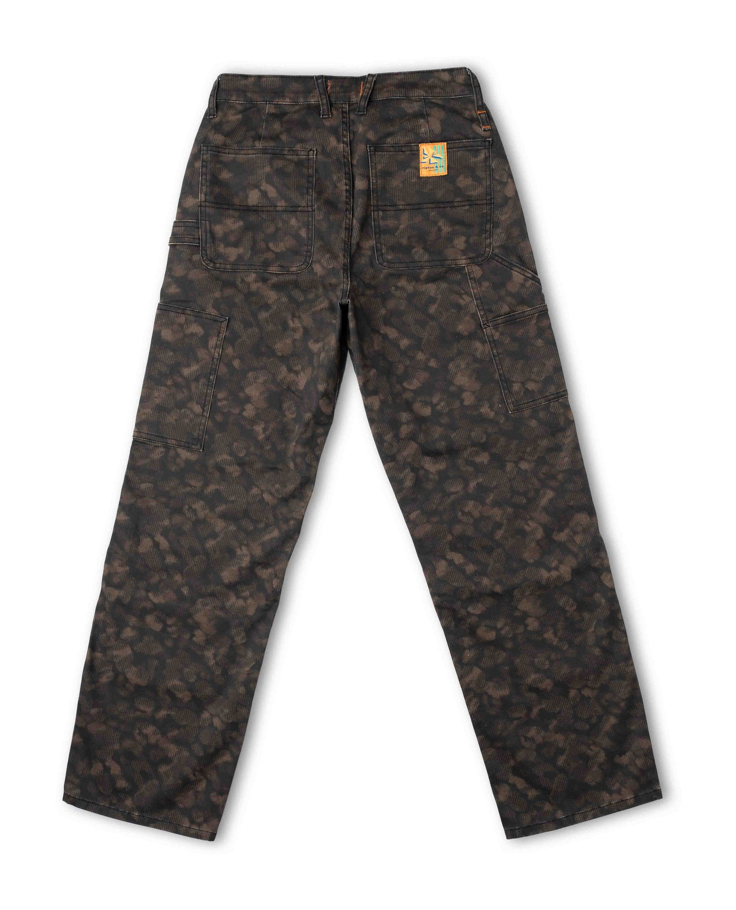 Back of a brown camouflage pant on a white background