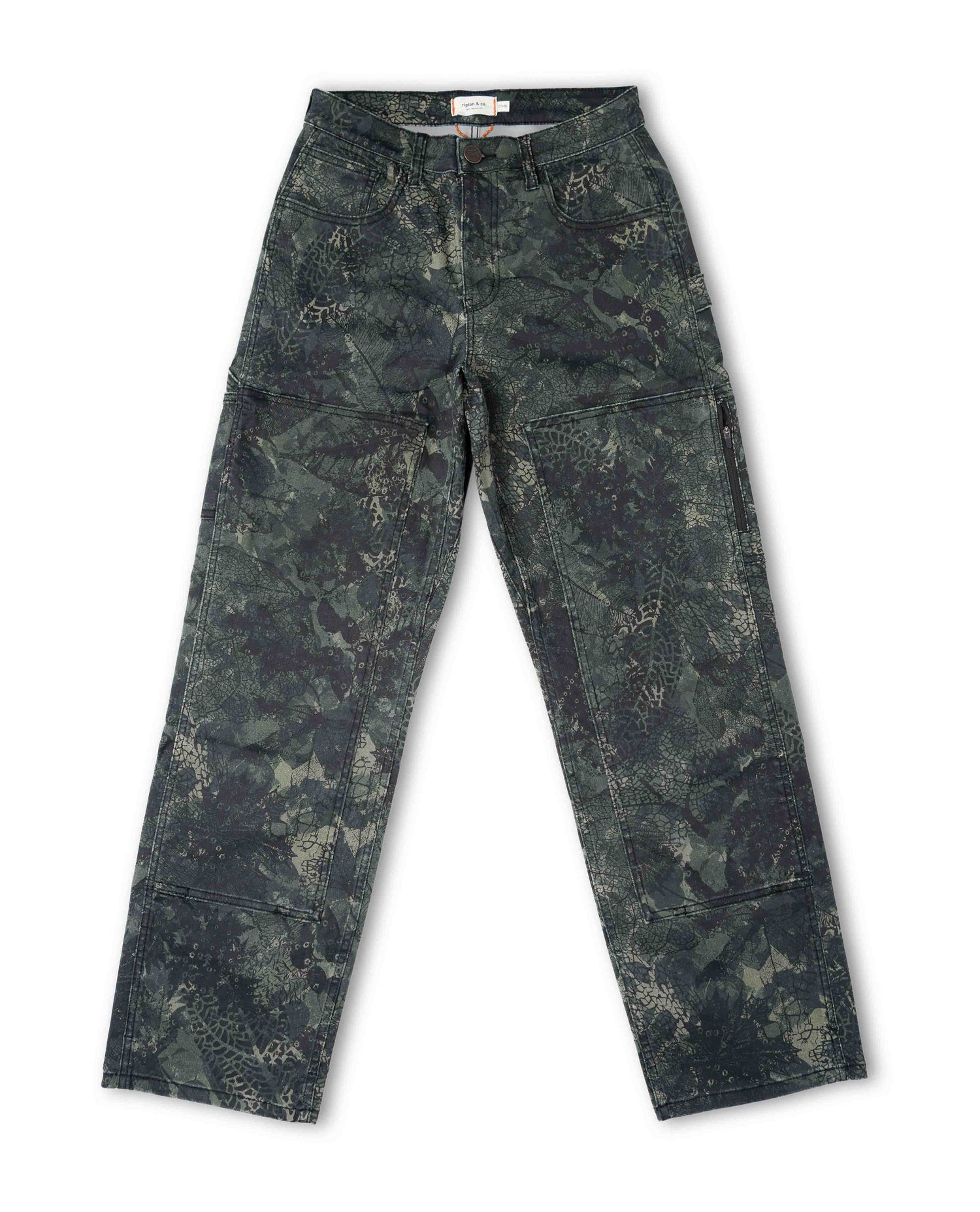 Front of a leaf camouflage pant on a white background.  