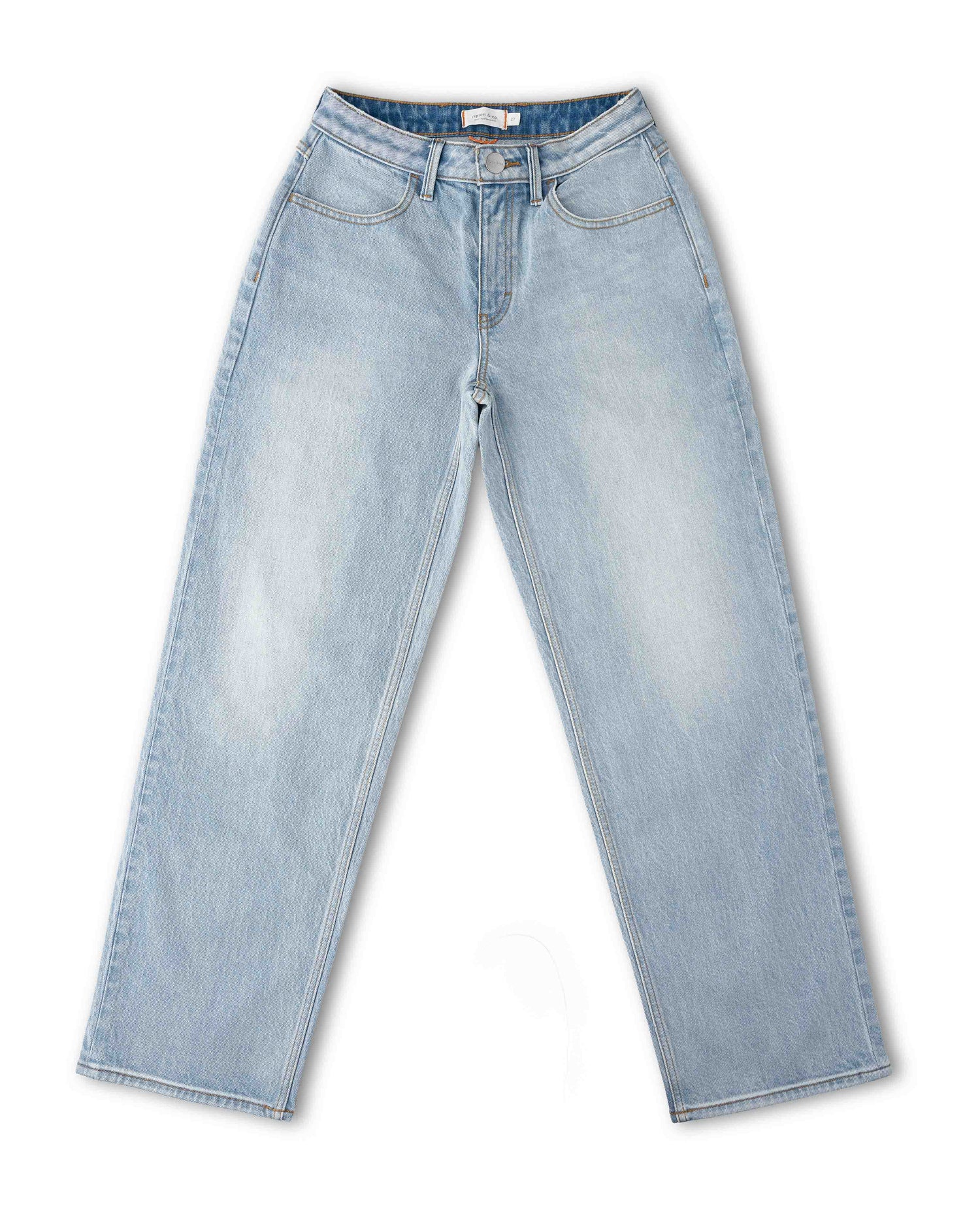 Light wash blue denim jeans with a straight-leg fit, laid flat on a white background.