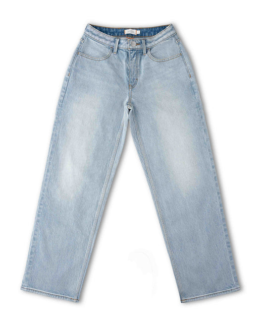 Light wash blue denim jeans with a straight-leg fit, laid flat on a white background.