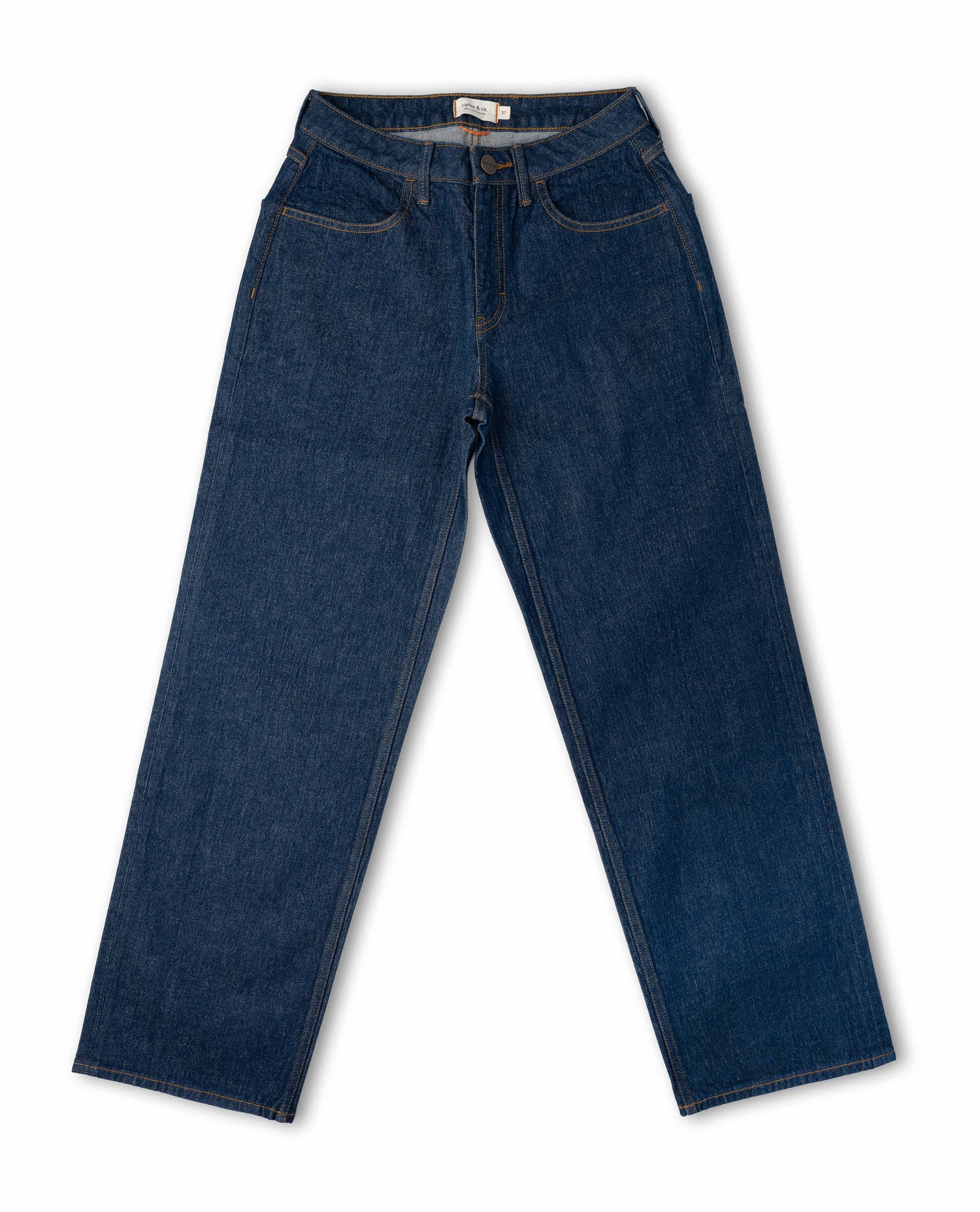 A pair of dark blue denim jeans laid flat against a white background.