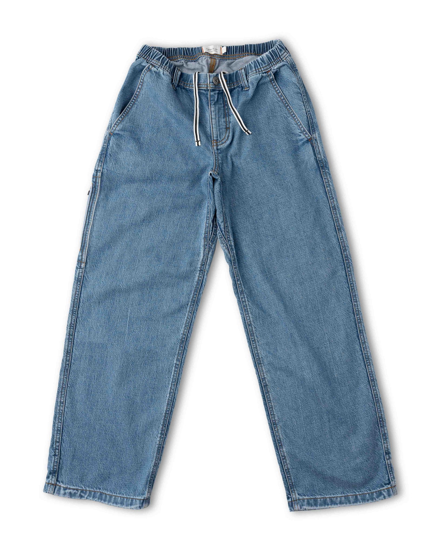 Light blue denim jeans with an elastic waistband and white drawstrings, shown flat against a white background.