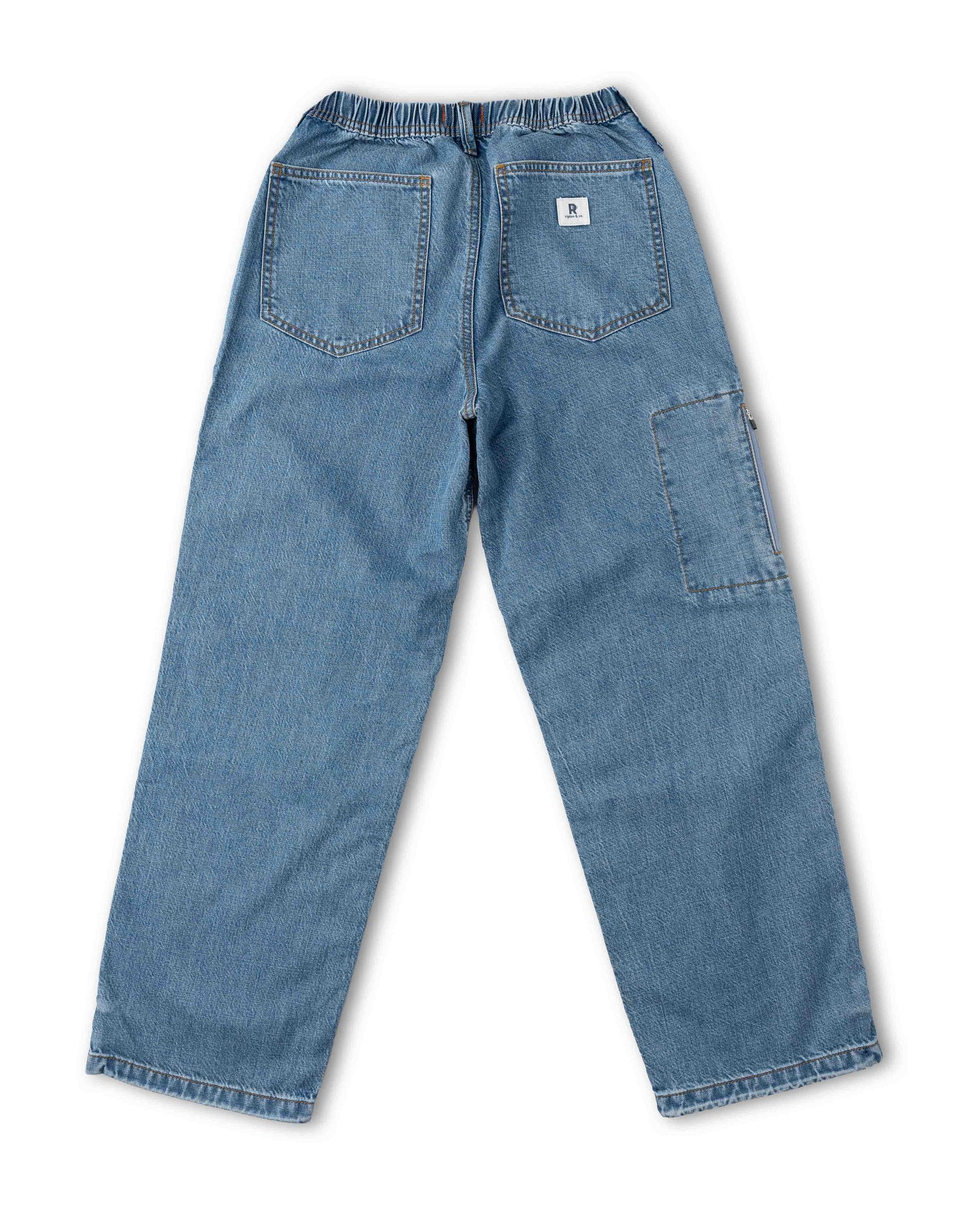 Light blue denim jeans shown from the back, featuring an elastic waistband, two back patch pockets, and a large cargo pocket on the right leg, laid flat on a white background.