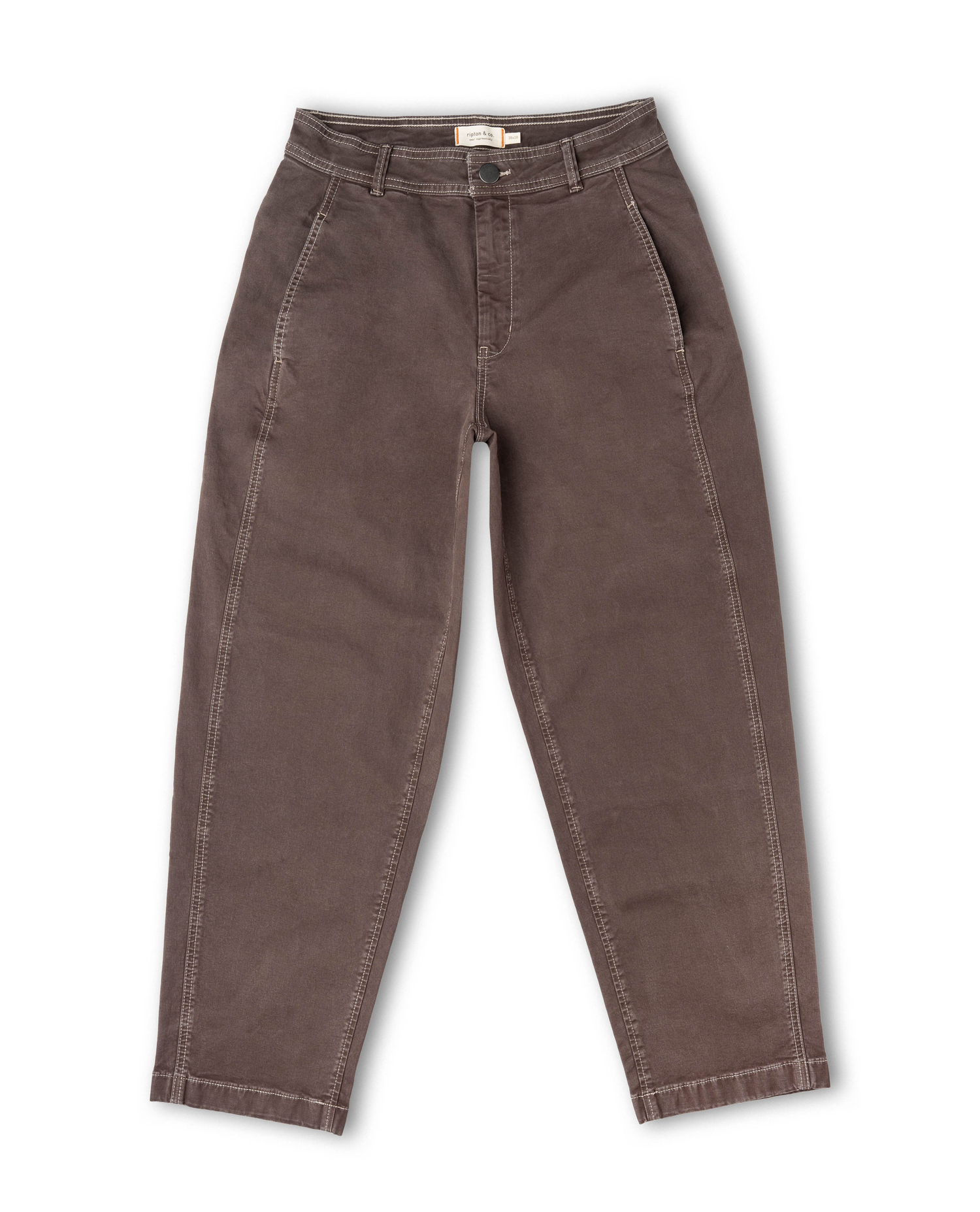 A pair of brown pants with a relaxed straight-leg fit and white stitching, laid flat against a white background.