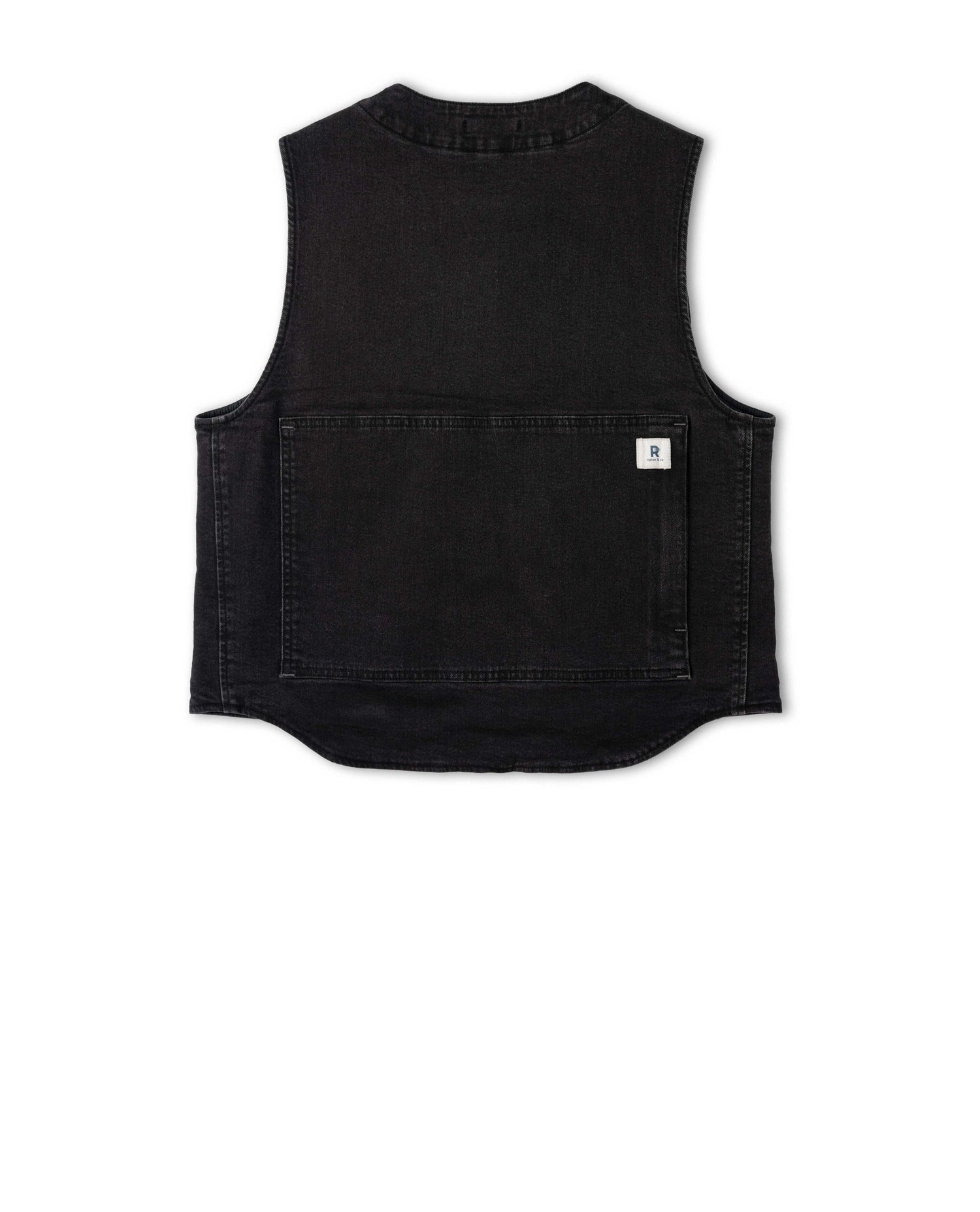 A black denim vest shown from the back, featuring a large back pocket with a small white logo.