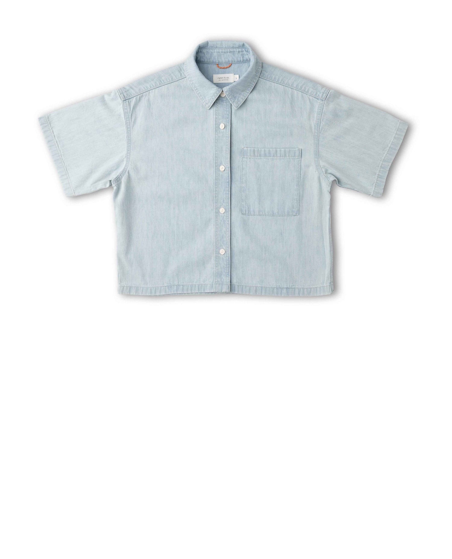 A light blue short-sleeve button-up shirt with a chest pocket, laid flat against a white background.