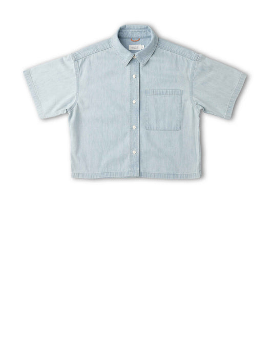 A light blue short-sleeve button-up shirt with a chest pocket, laid flat against a white background.