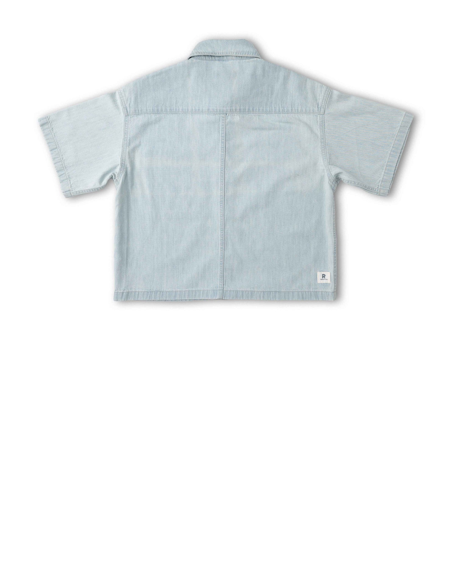 A light blue short-sleeve button-up shirt shown from the back, laid flat against a white background.