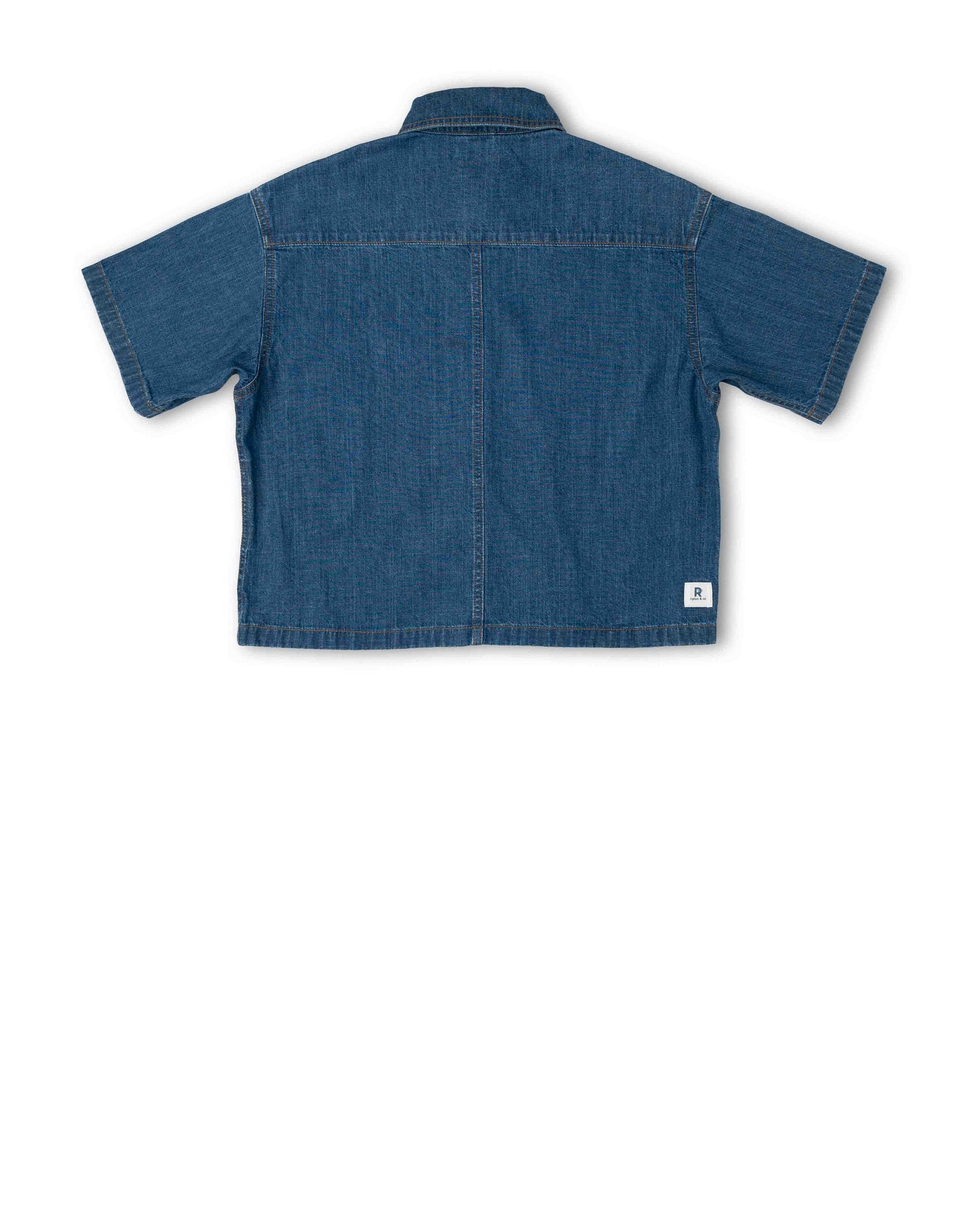Back view of a blue denim shirt on a white background