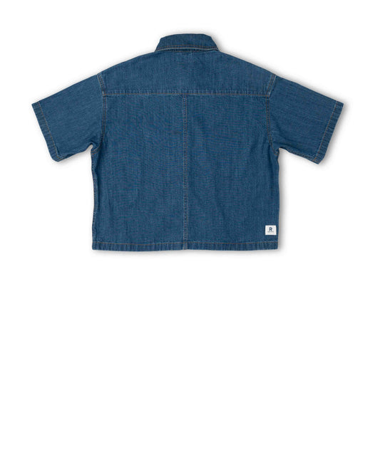 Back view of a blue denim shirt on a white background