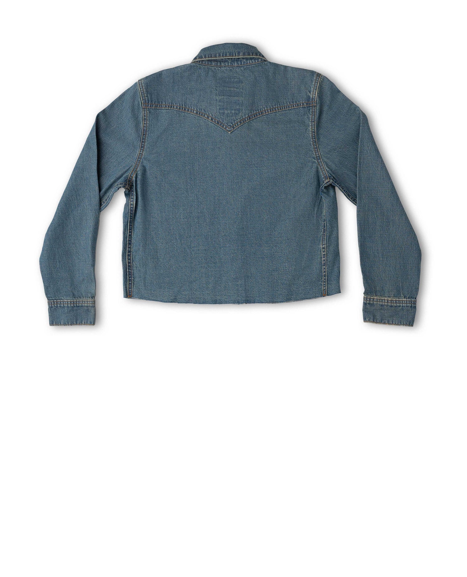 A blue denim jacket shown from the back, featuring a classic western-style V-stitch on the back shoulders and a button closure at the collar, displayed against a solid white background.