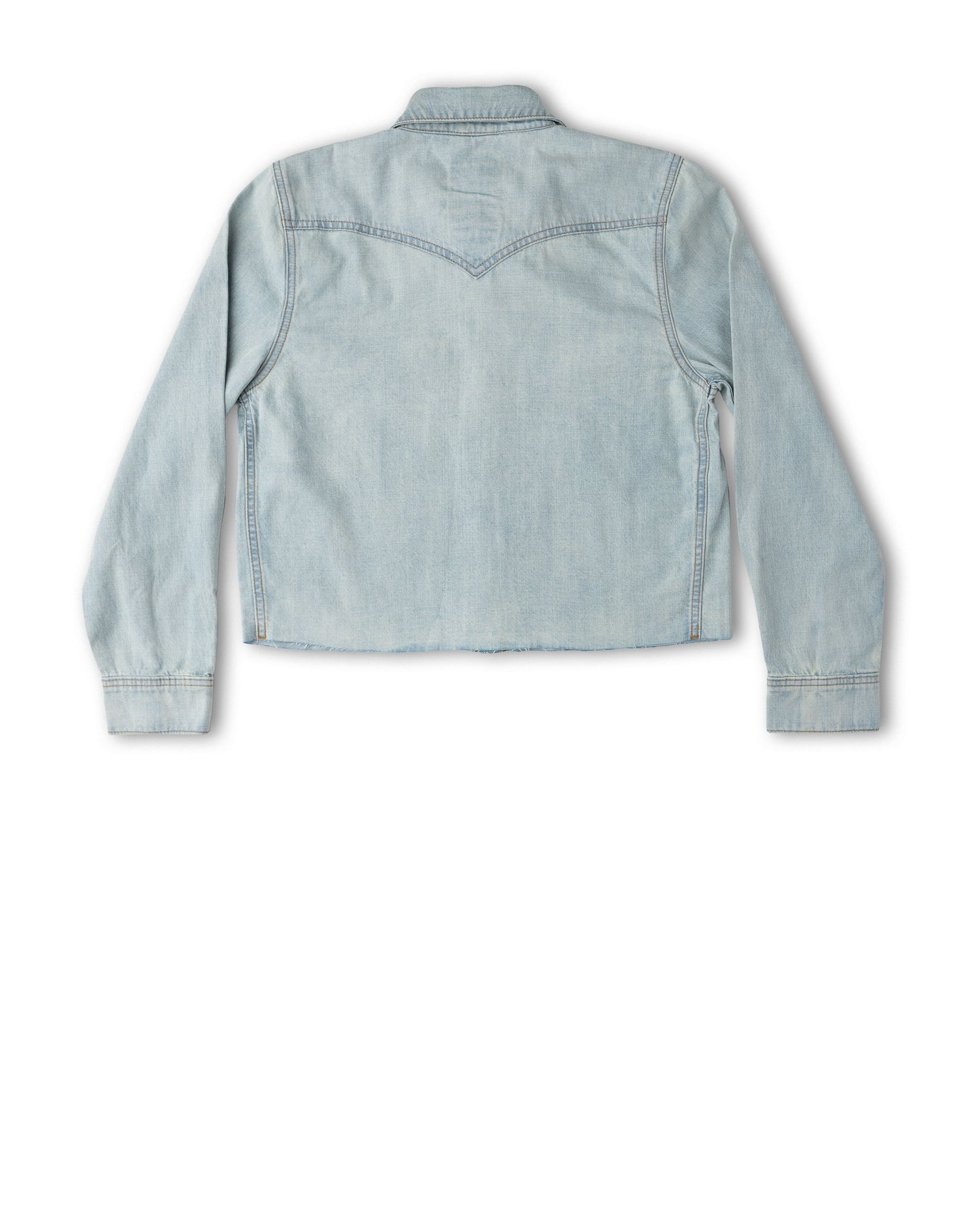 A light blue denim cropped jacket shown from the back, featuring a collar, long sleeves, and a classic western-style stitched V-shape on the back shoulders, laid flat against a white background.
