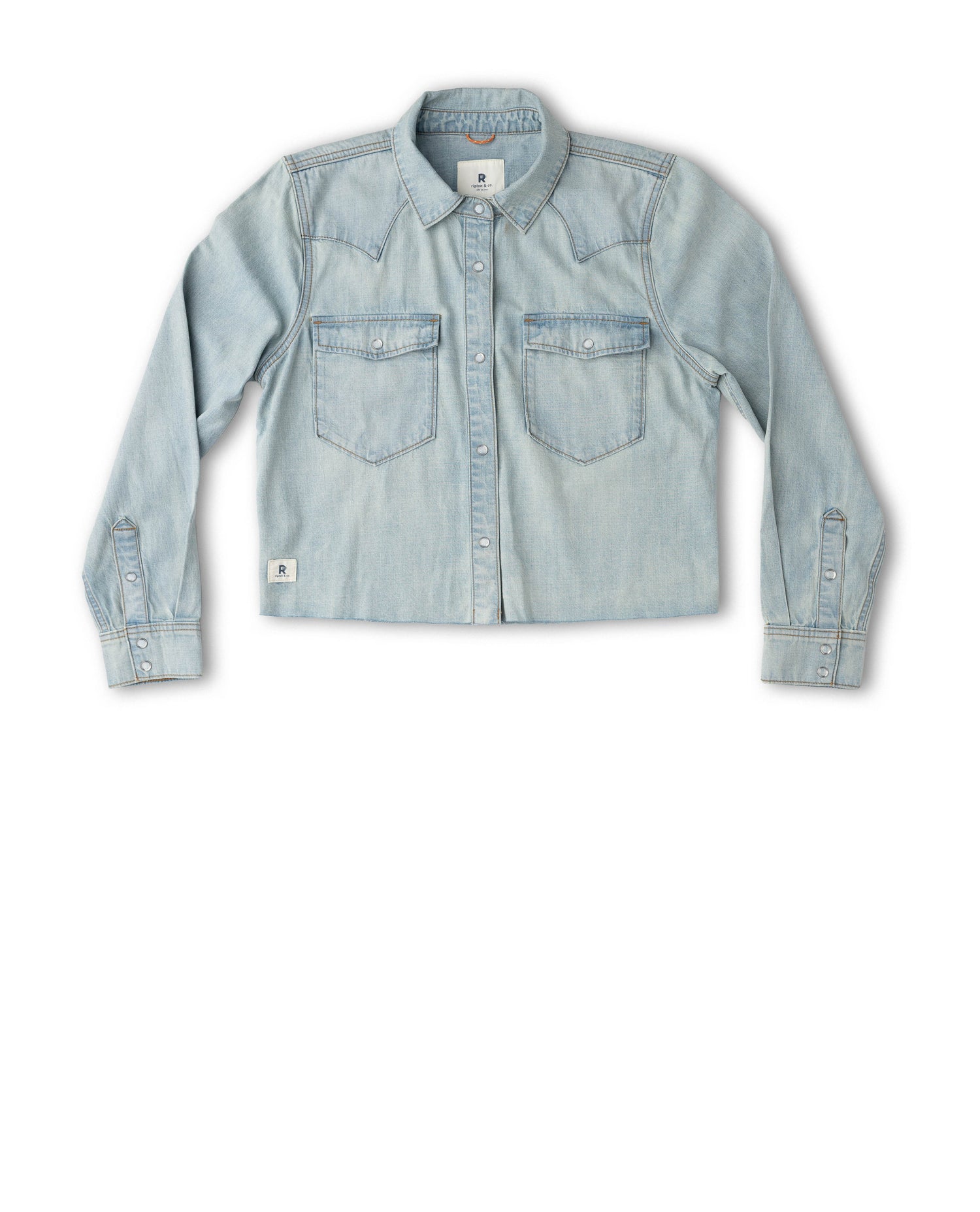 A light blue denim western-style shirt jacket with long sleeves, button-down front, and two chest flap pockets, shown flat on a white background.